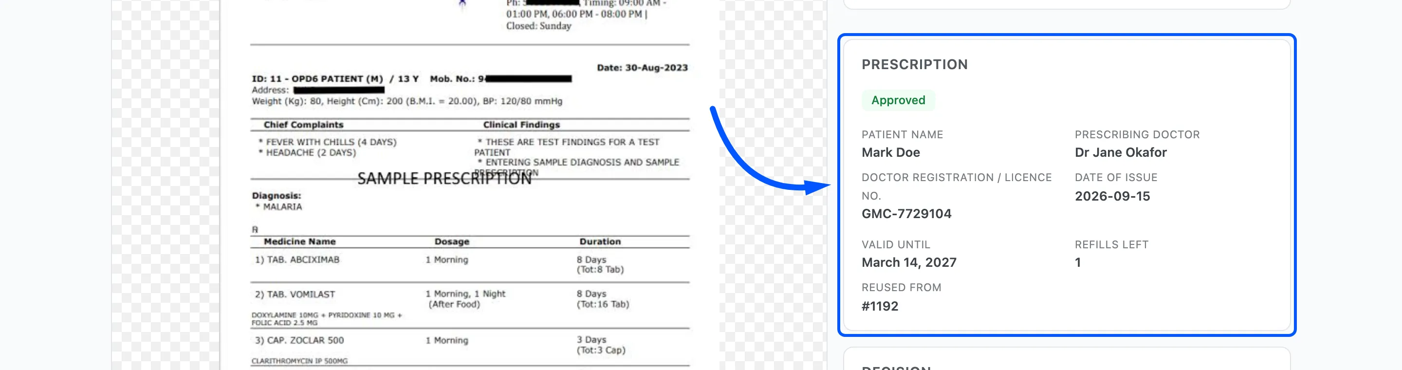 The Prescription panel of a reused prescription, showing Reused from and the original order number