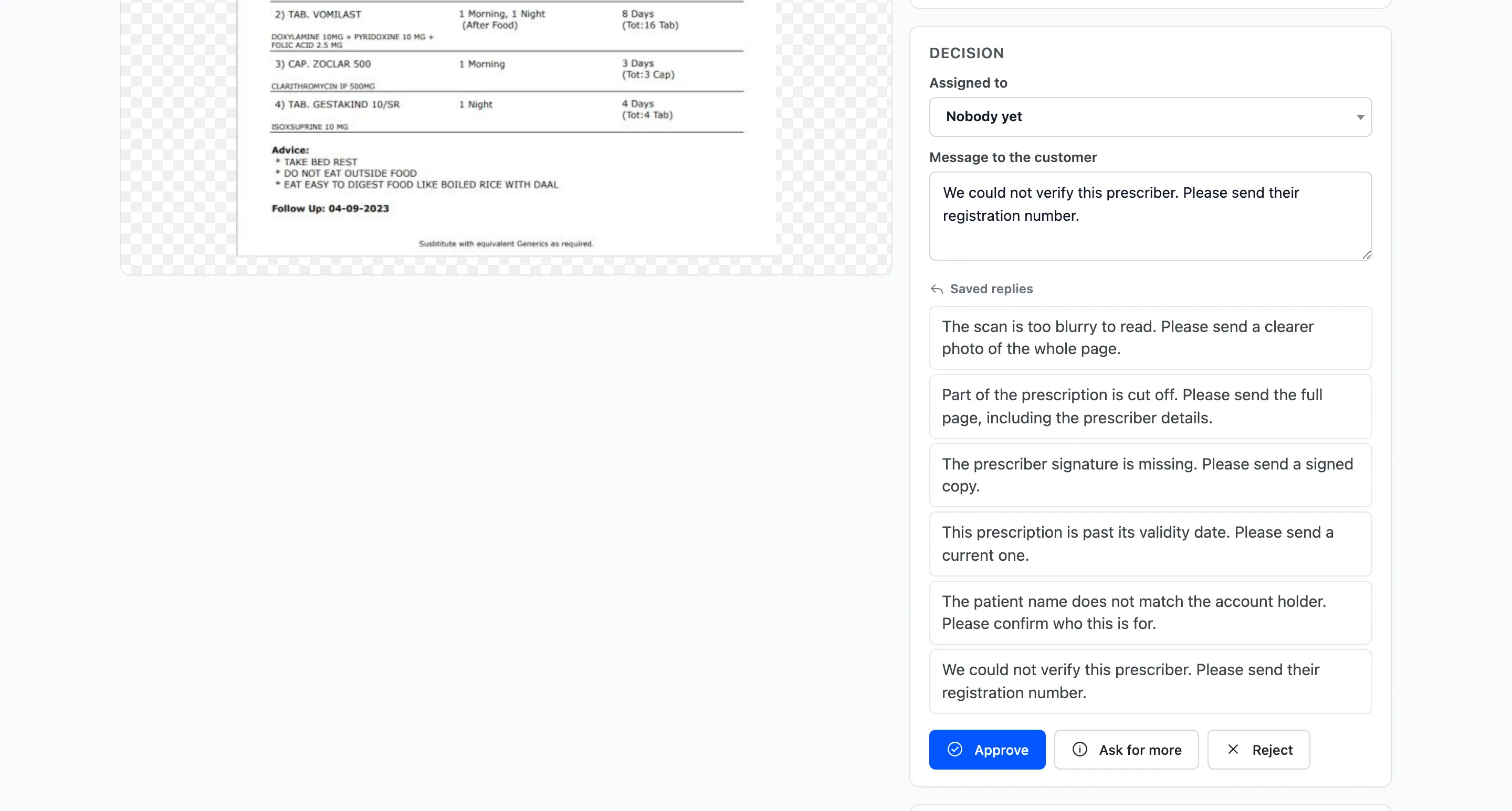 A saved reply picked and shown in the message box