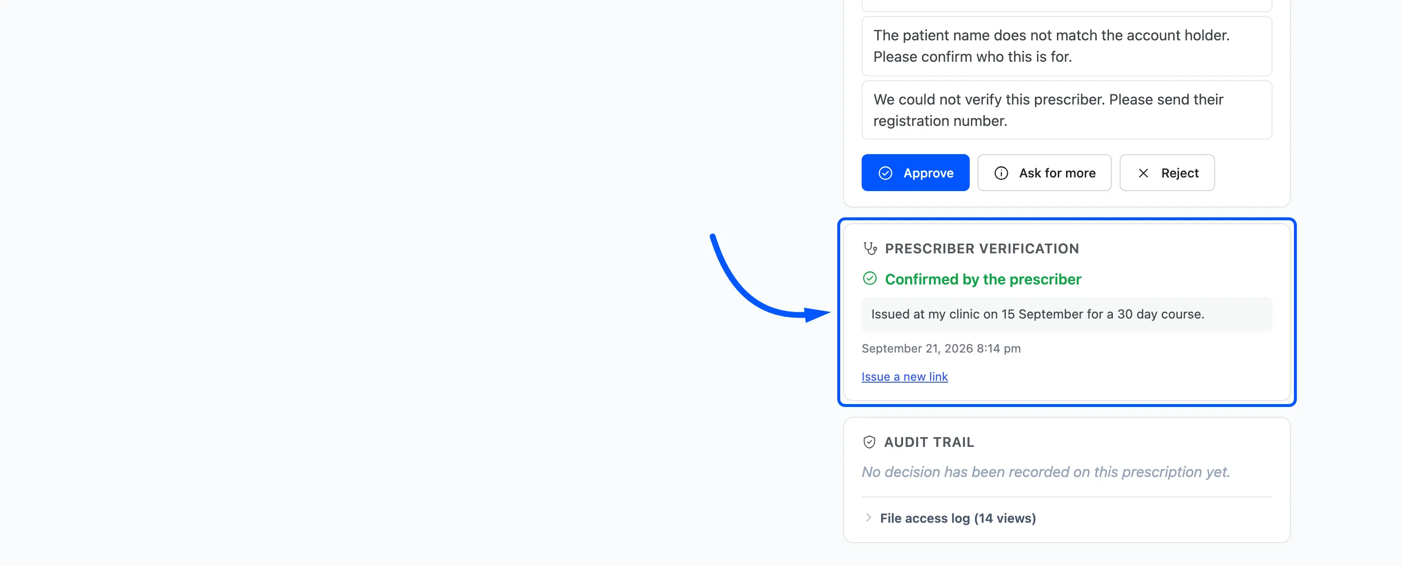 The Prescriber verification panel showing a confirmed answer and the prescriber’s note