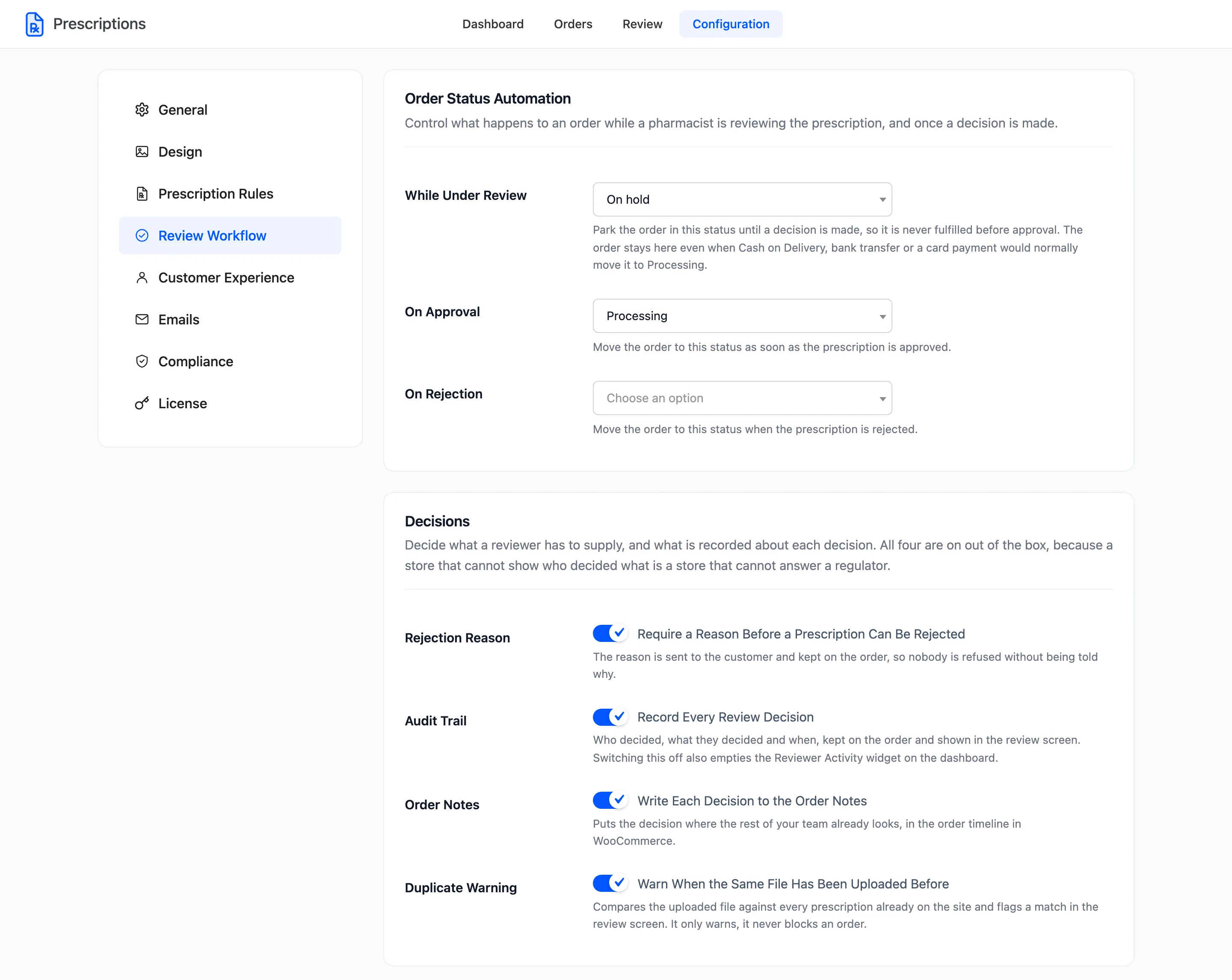 The Review Workflow tab with the order status automation and the decision settings