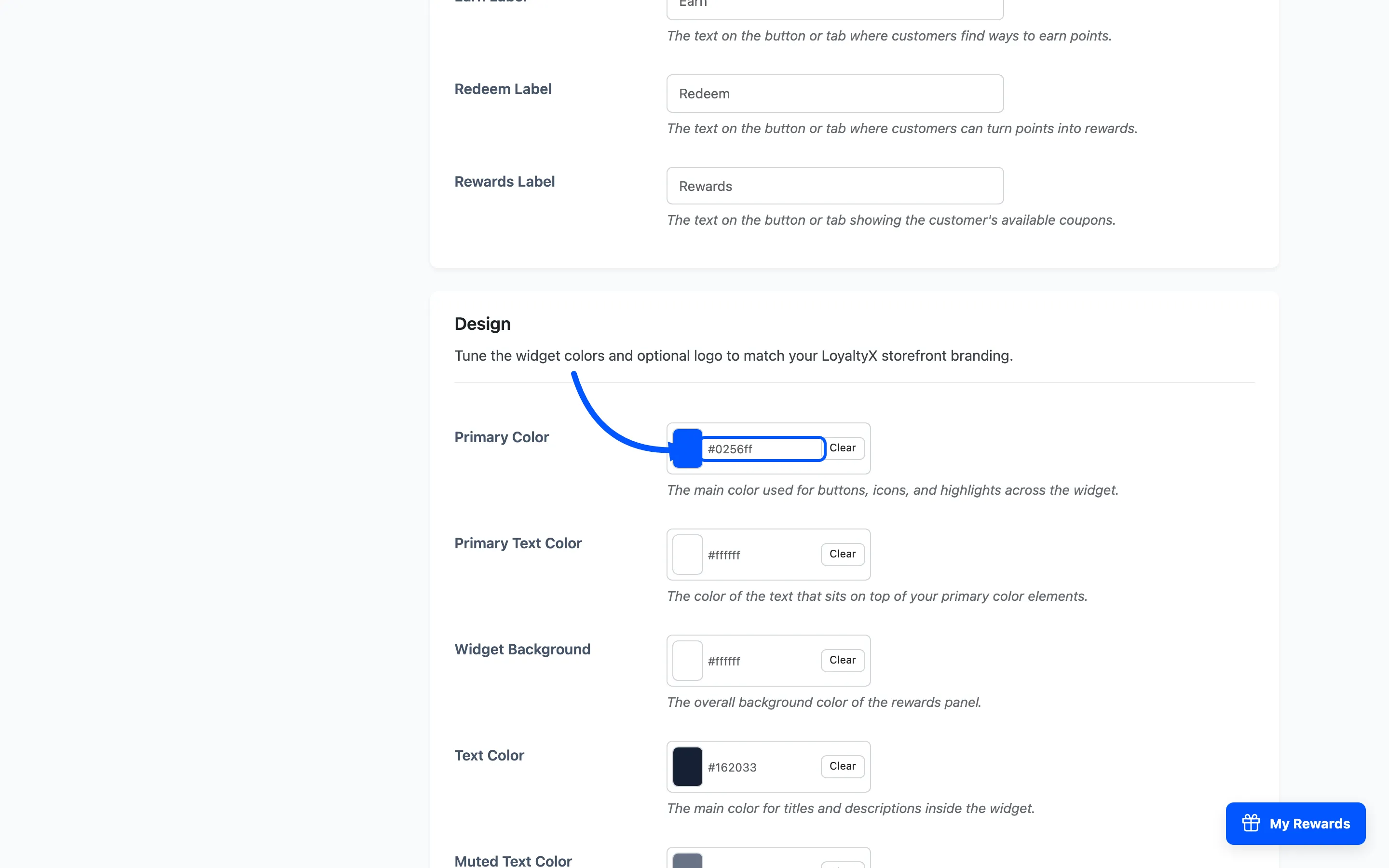 The Design section with the Primary Color field marked