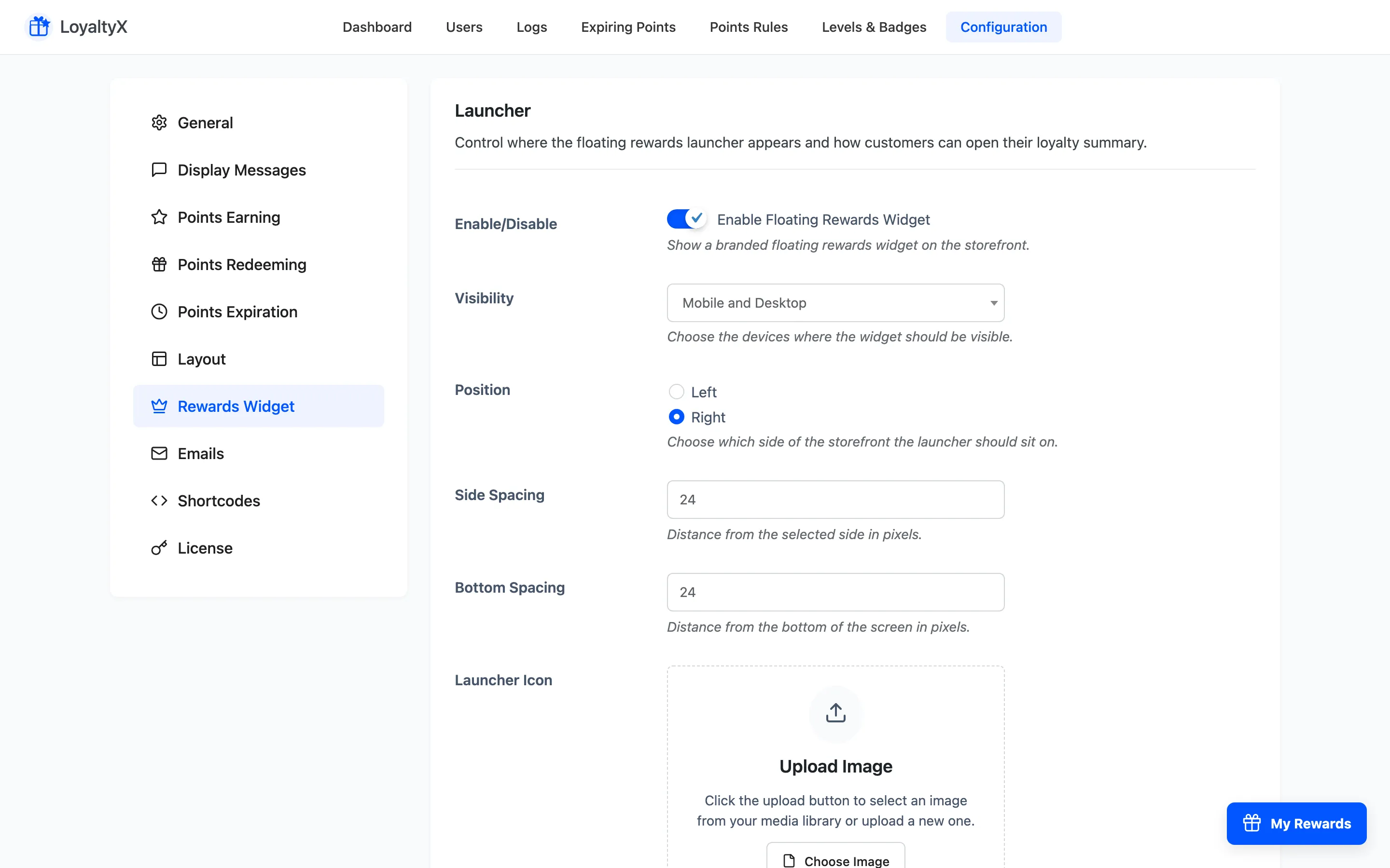 The LoyaltyX Rewards Widget settings with launcher, content and design options