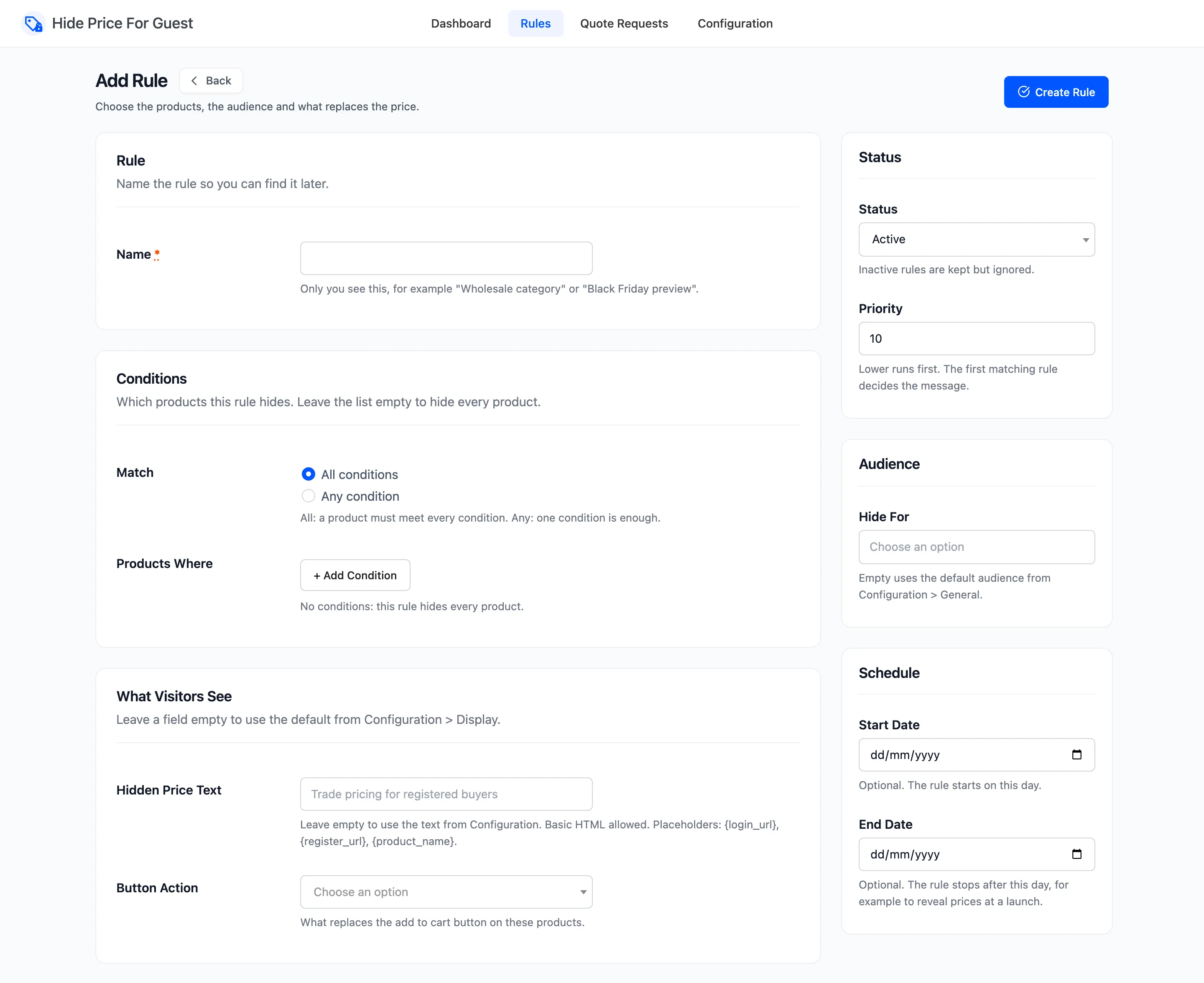 The Add Rule form, empty