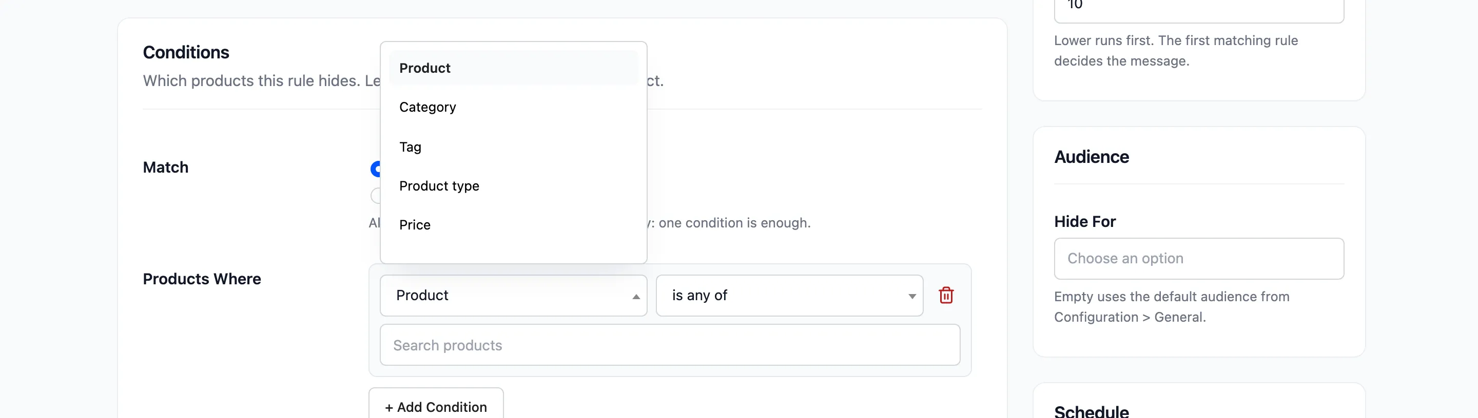 The condition type list opened on a new condition row