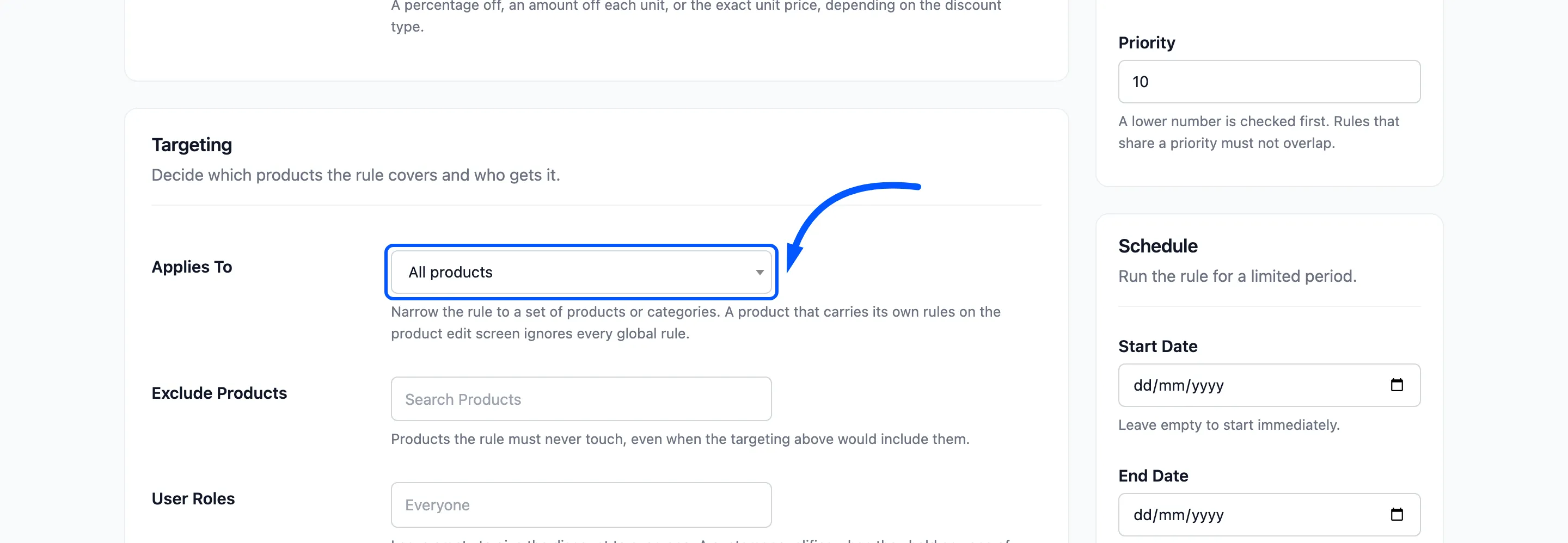 The Applies To setting boxed on the form