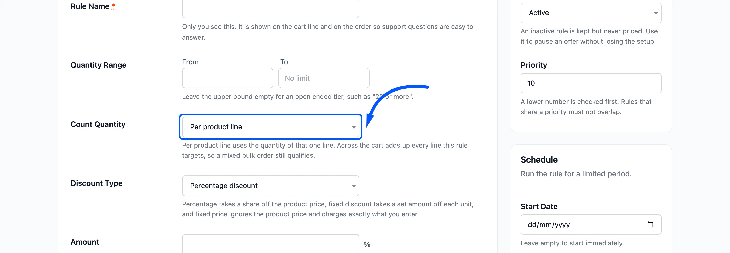 The Count Quantity setting boxed on the form