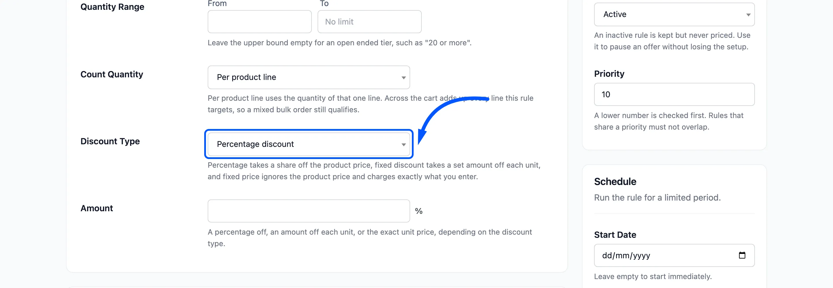 The Discount Type setting boxed on the form