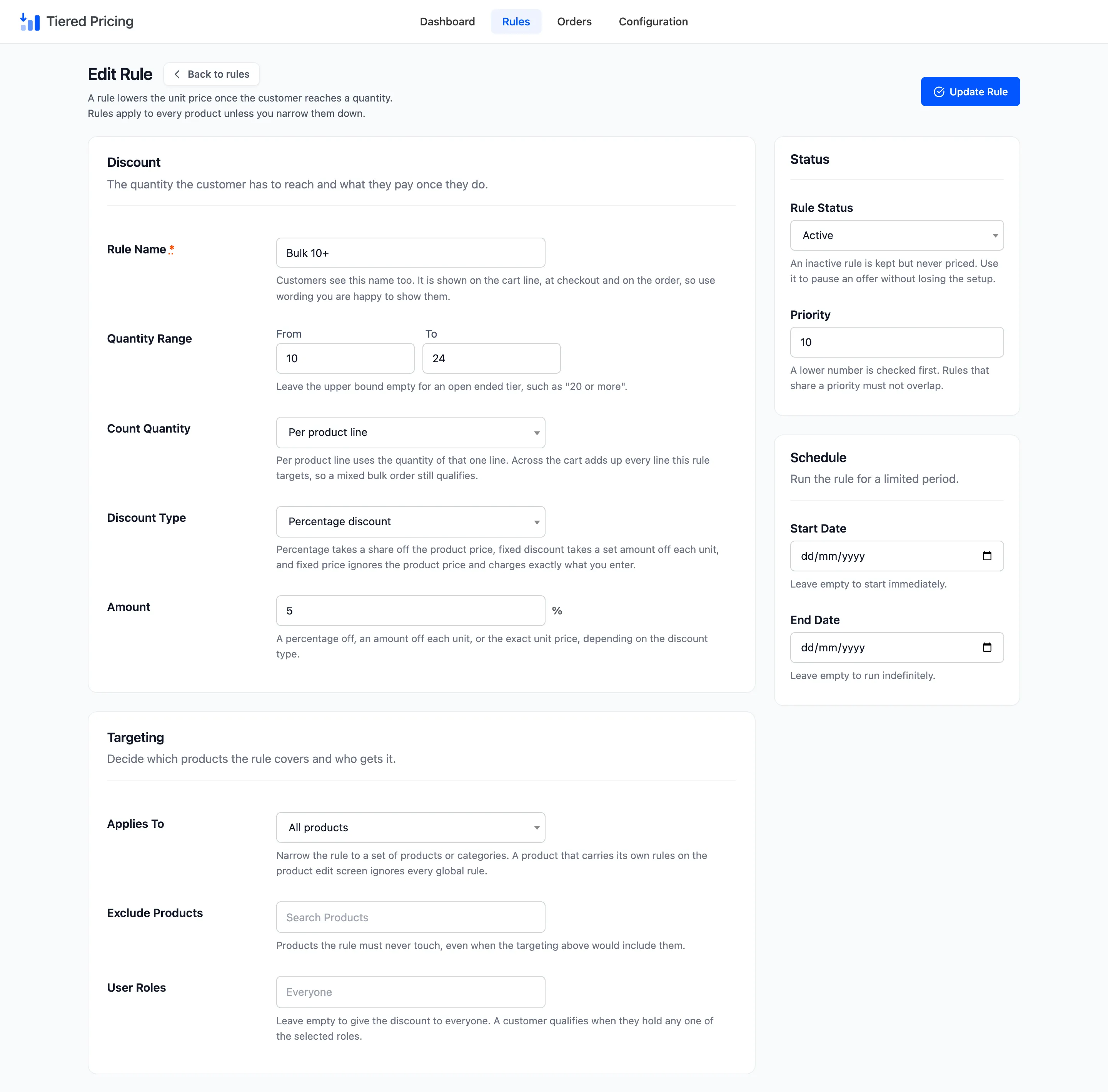 The Edit Rule form with the saved values of the Bulk 10+ rule