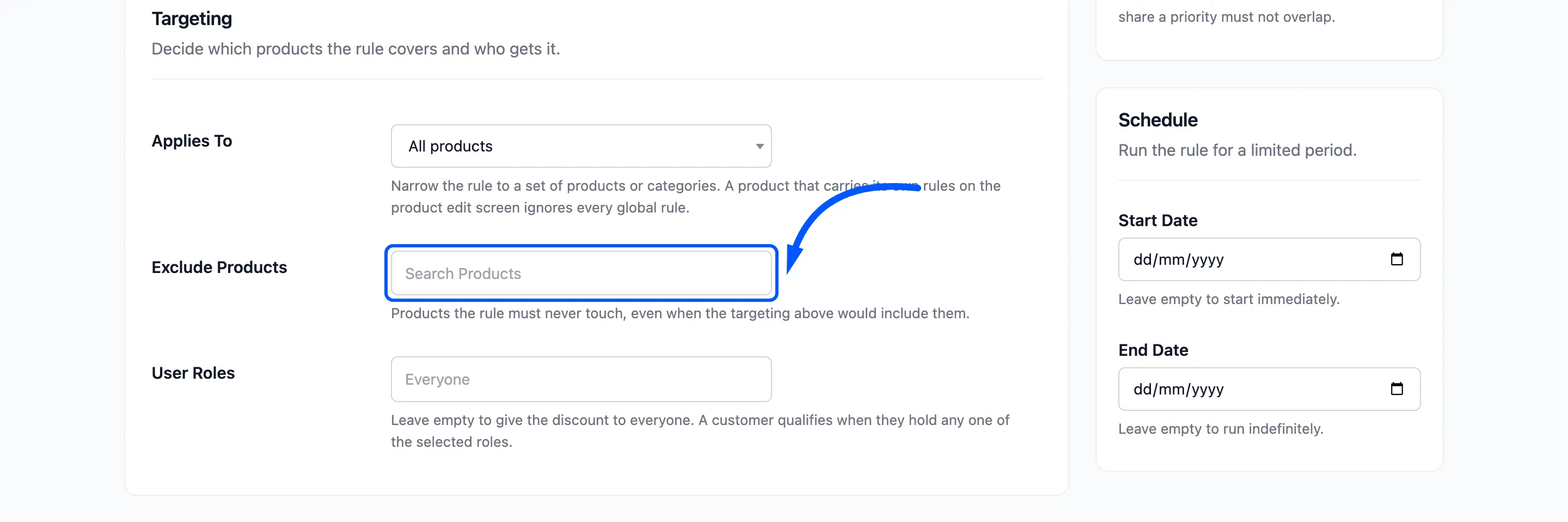 The Exclude Products field boxed on the form