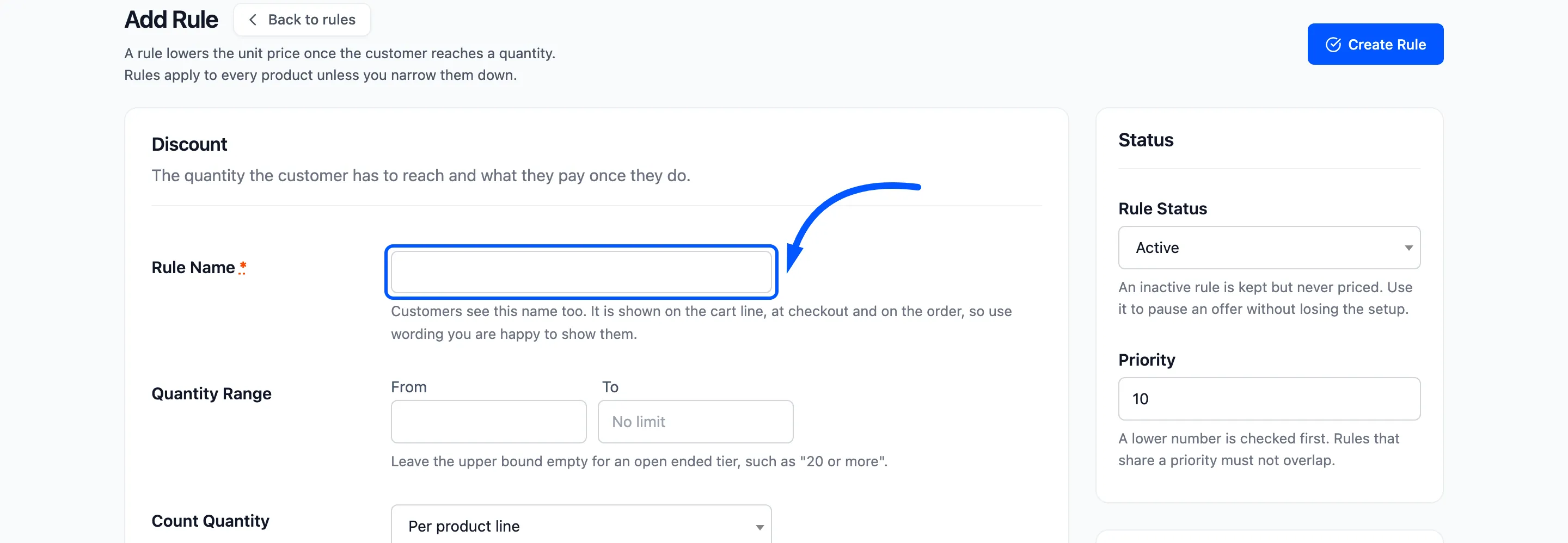 The Rule Name field boxed on the form