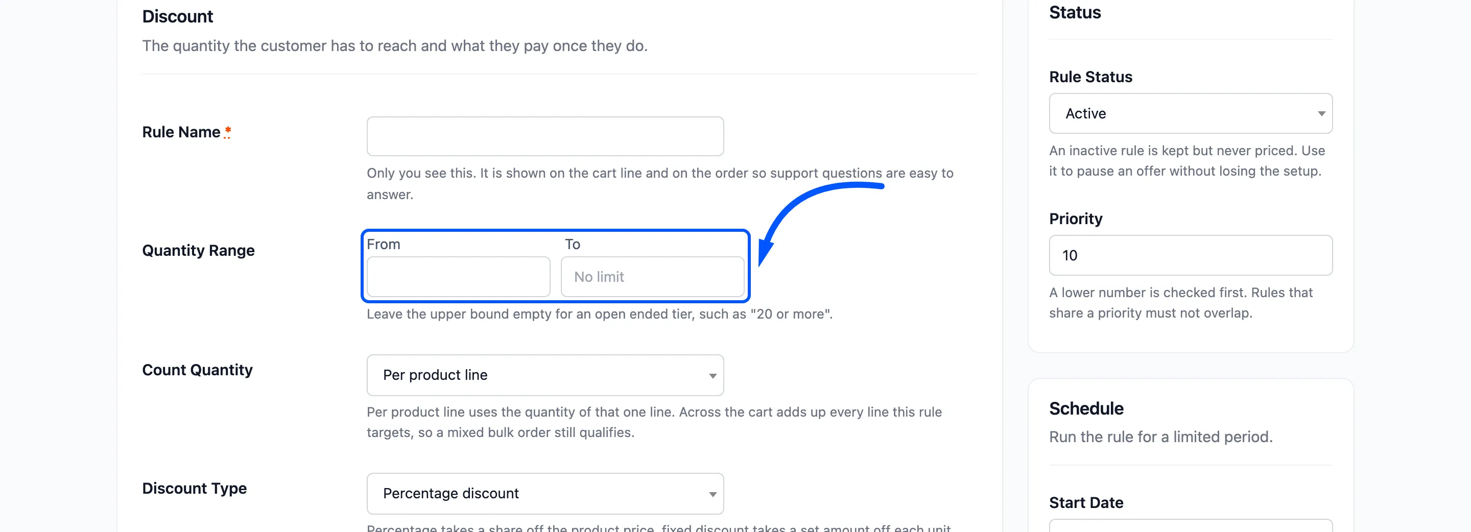 The Quantity Range fields boxed on the form