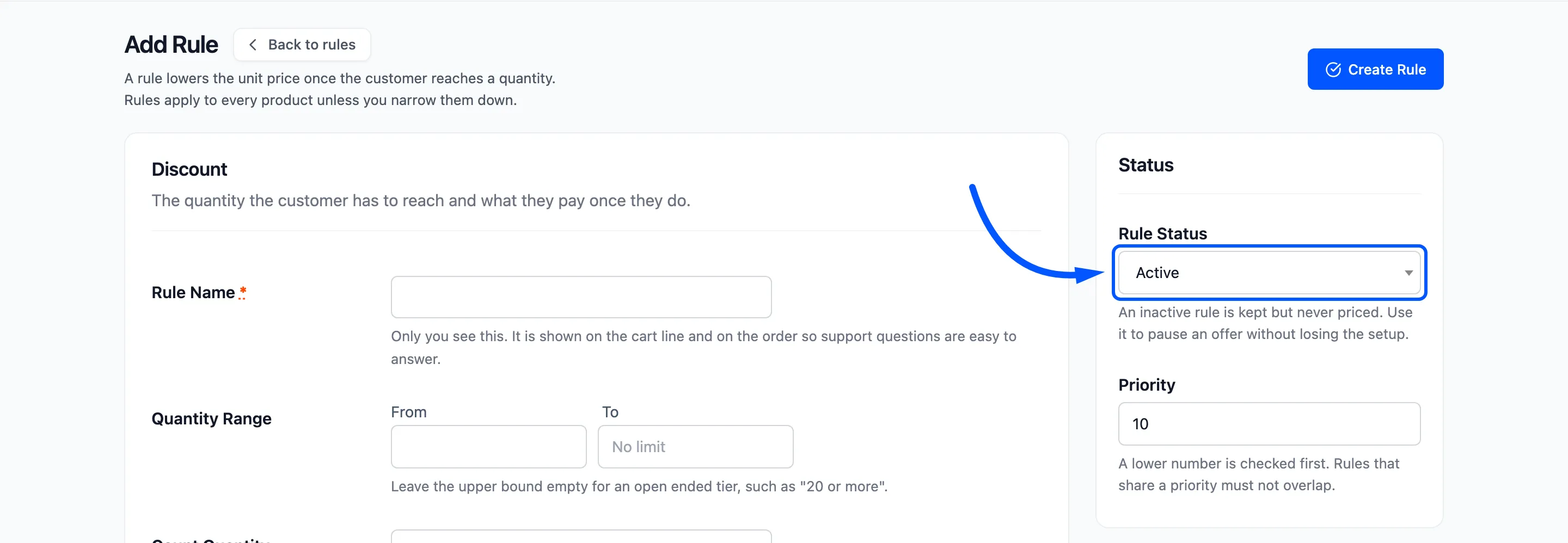 The Rule Status setting boxed in the side panel