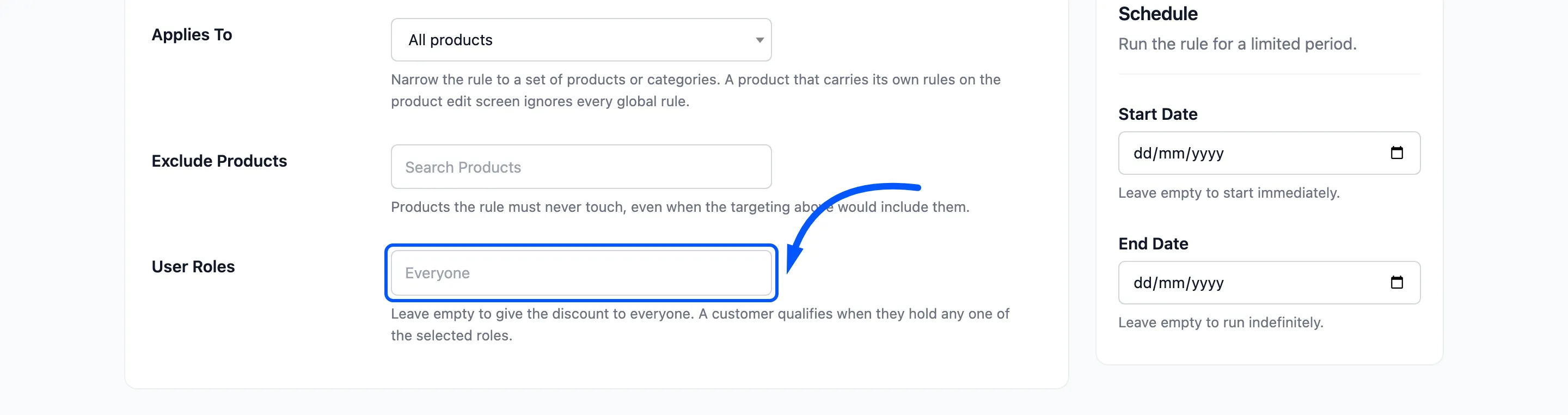 The User Roles field boxed on the form