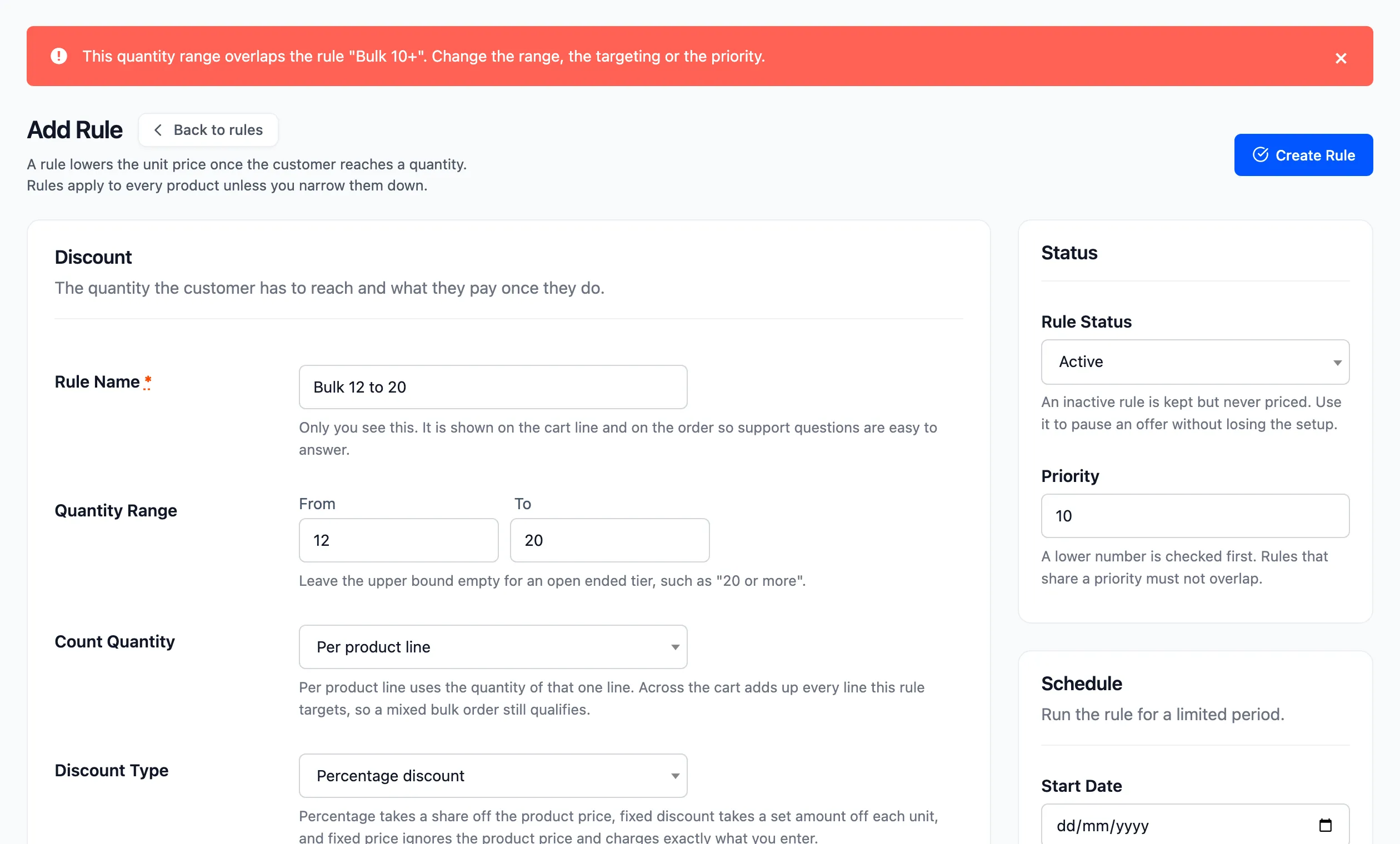 The red overlap message at the top of the form