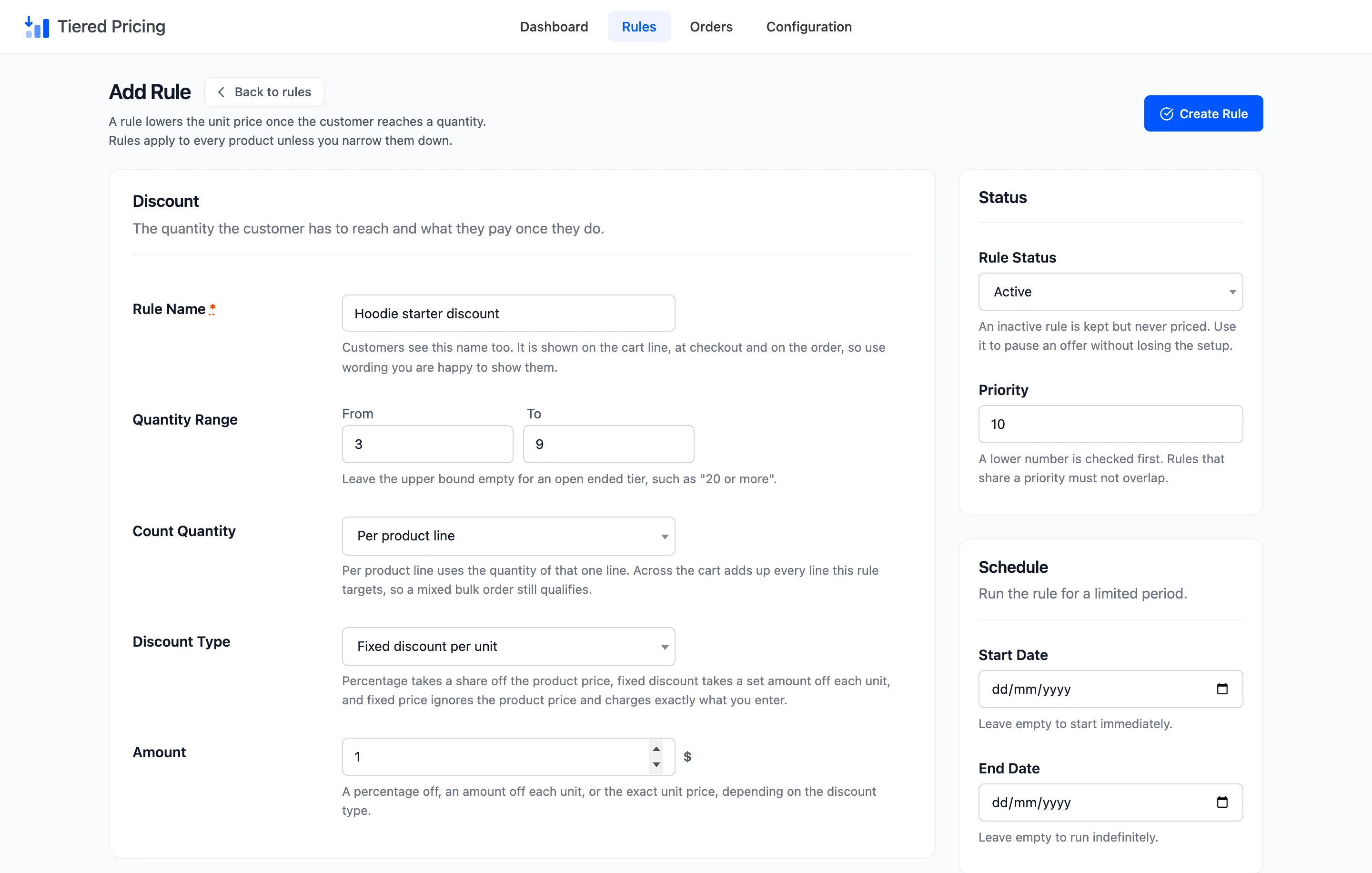 The rule form filled for a fixed discount of 1.00 on 3 to 9 units