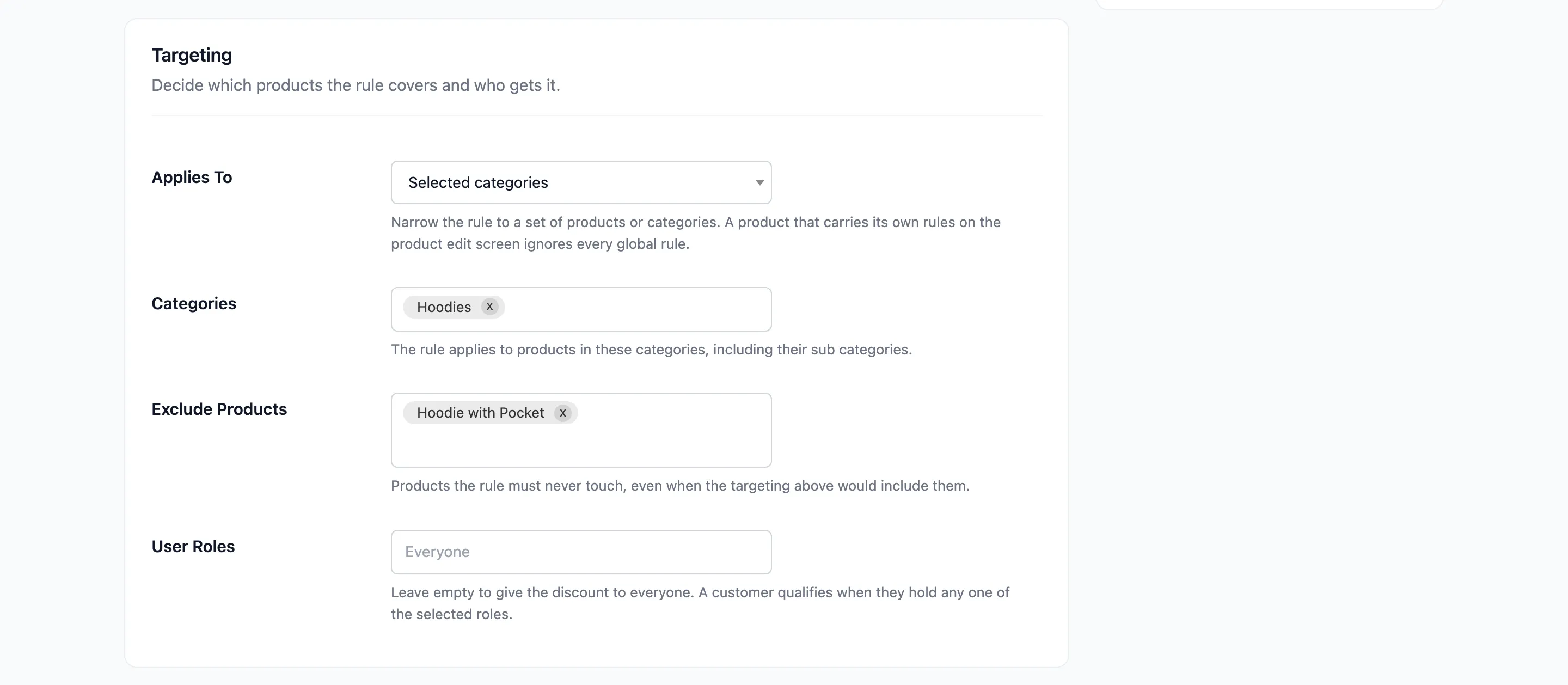 The Targeting section filled in: Selected categories, Hoodies, and Hoodie with Pocket excluded