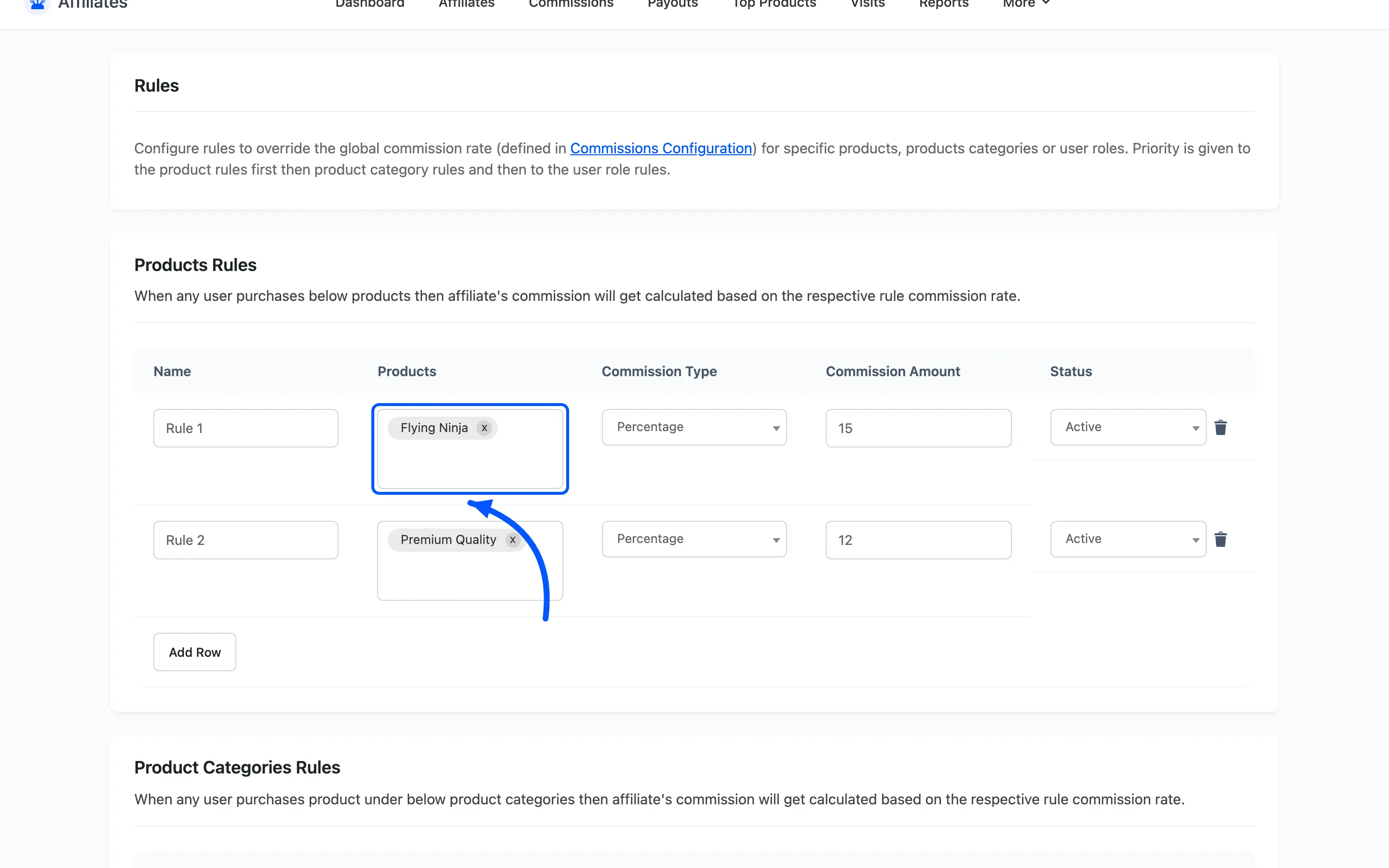 The product selector on a product rule row
