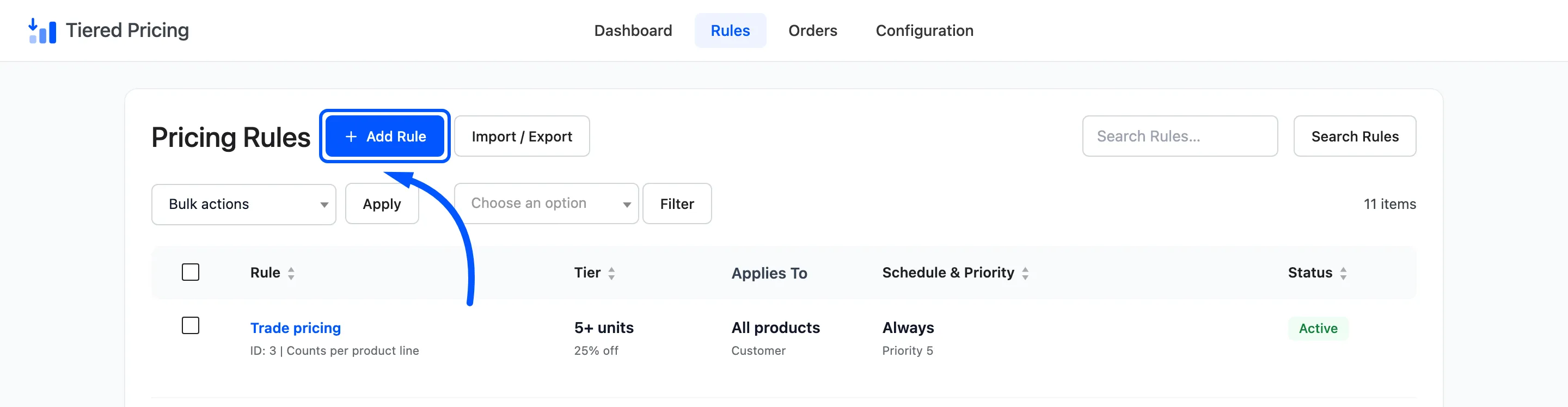 The Add Rule button boxed above the list
