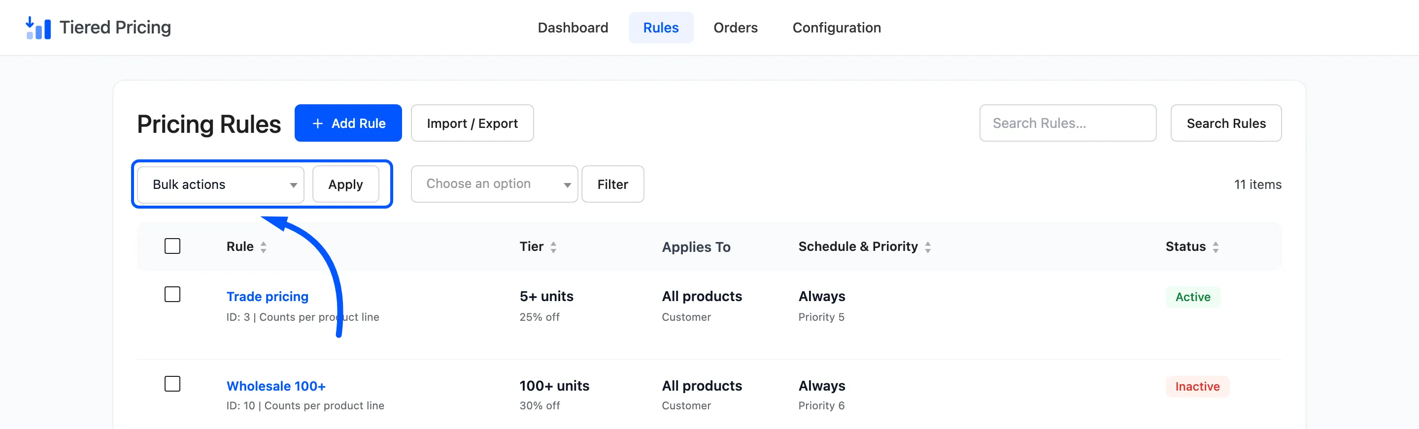 The bulk action menu boxed above the list