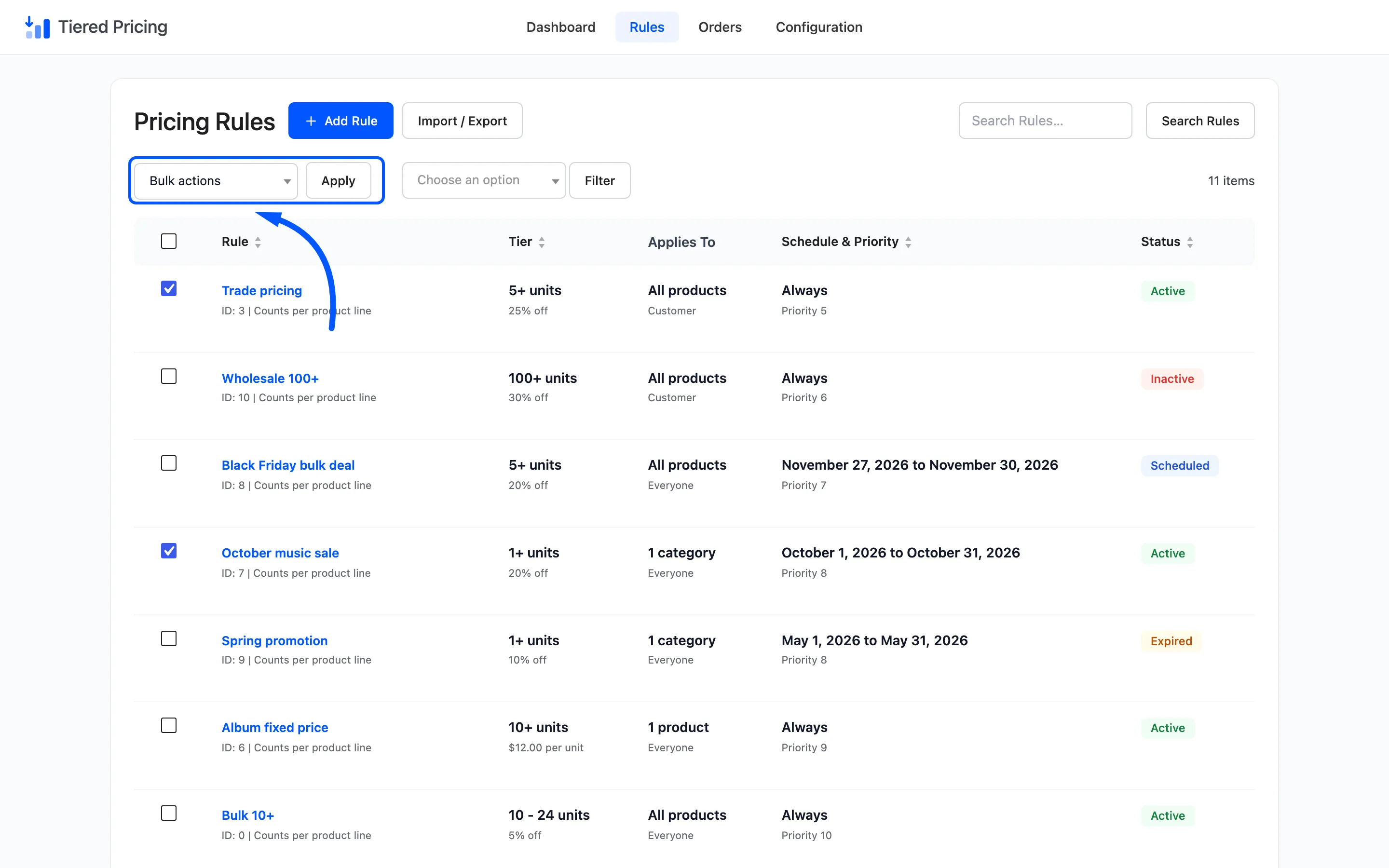 The Bulk actions menu boxed above the list, with two rules ticked