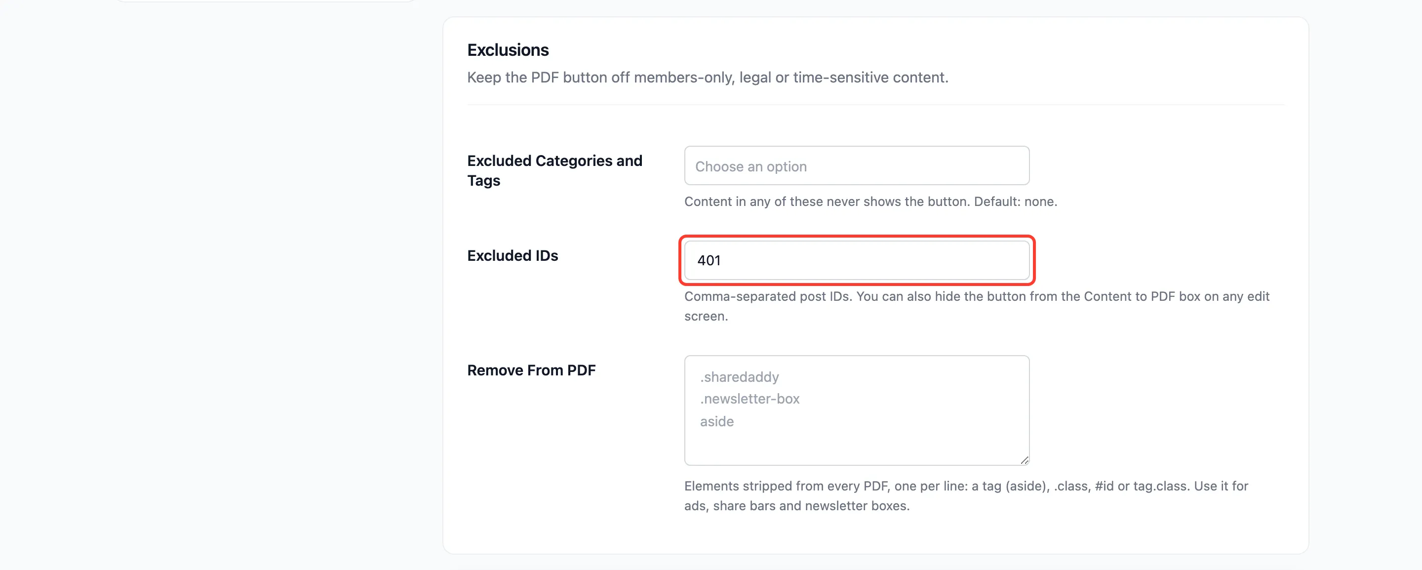 Excluded IDs with one ID entered
