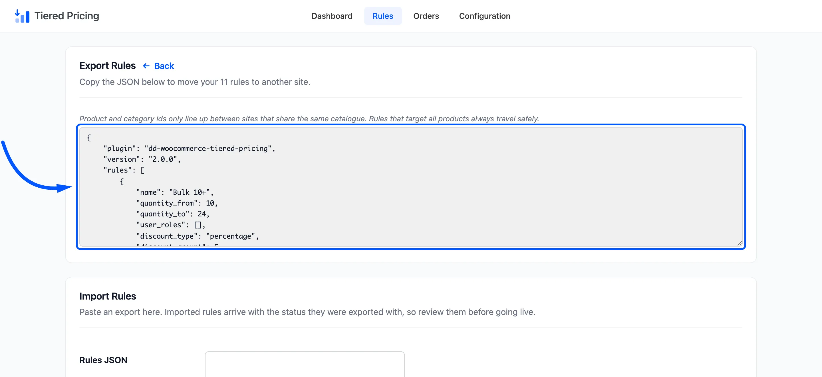 The export box with the rules as JSON