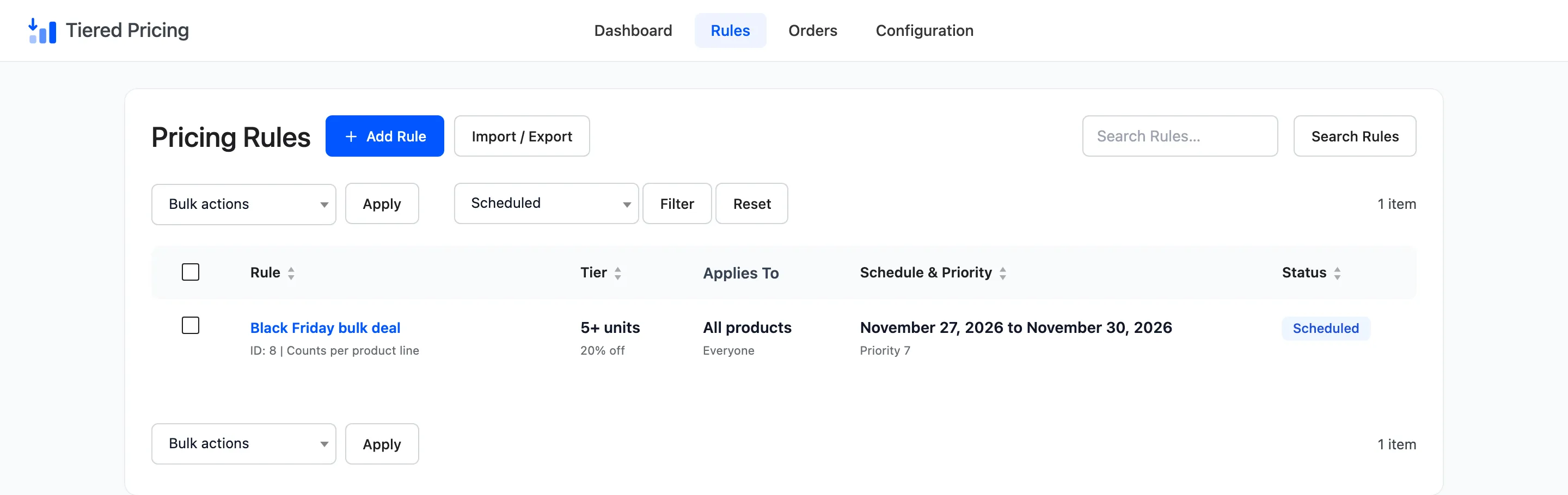 The list filtered to the Scheduled status, showing one rule