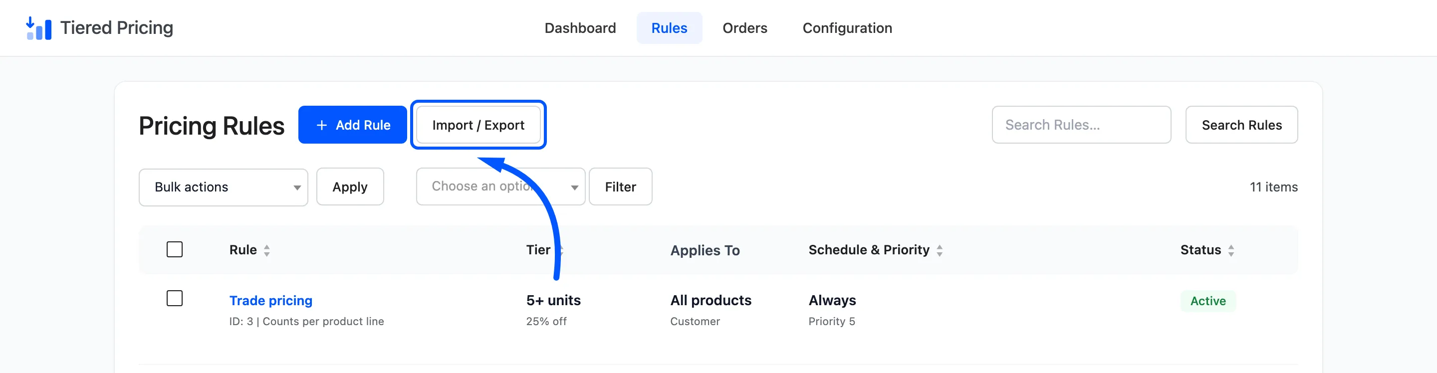 The Import / Export button boxed above the list of rules