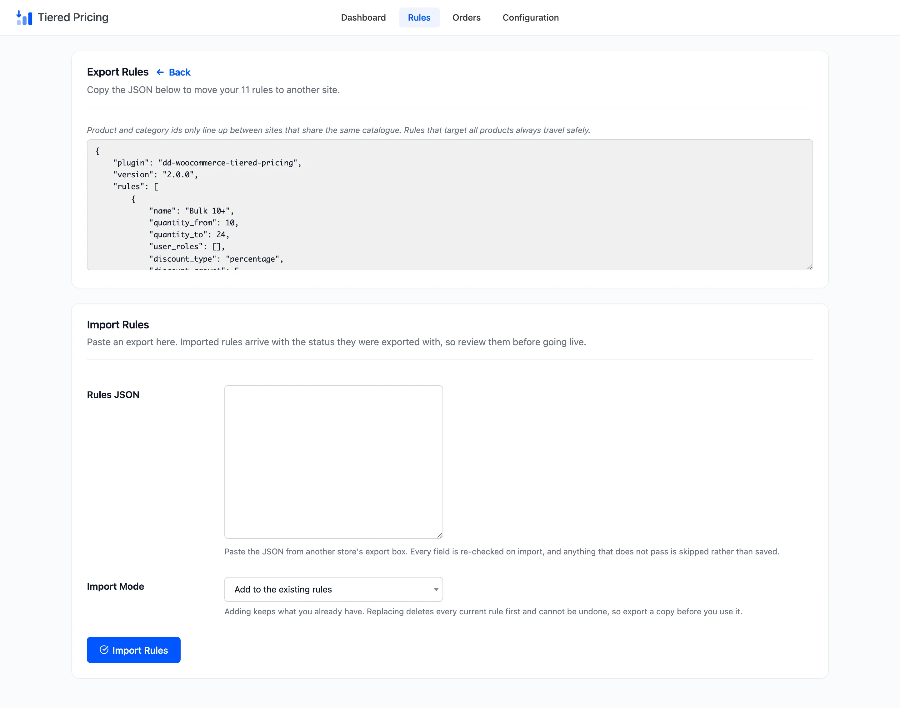 The Import / Export screen with the export box above the import form