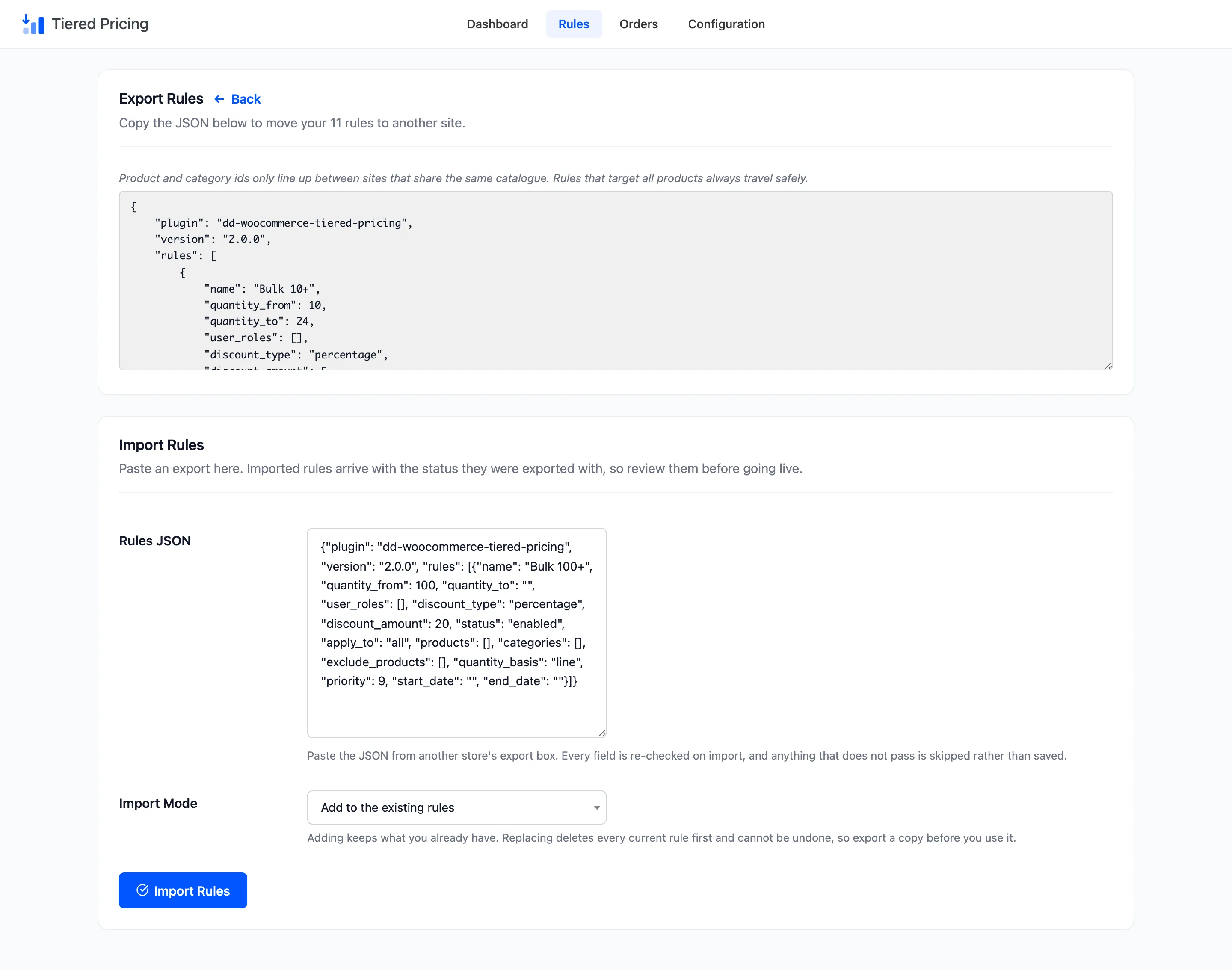 The import form with one rule pasted as JSON