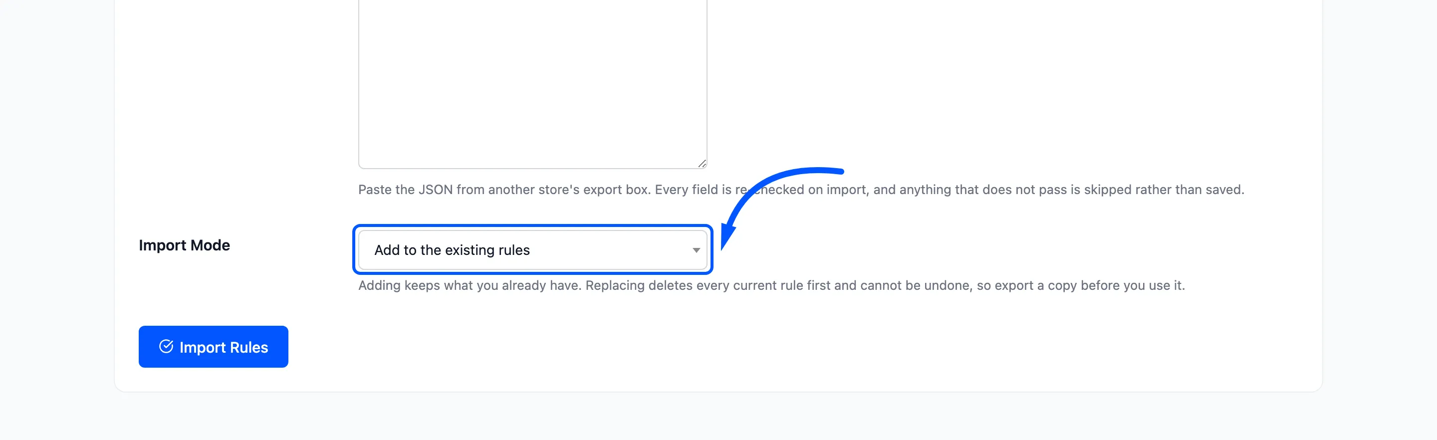 The Import Mode setting boxed in the import form
