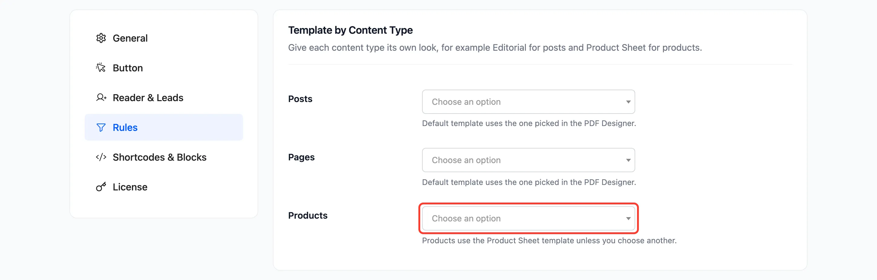 The Products rule on the Rules tab