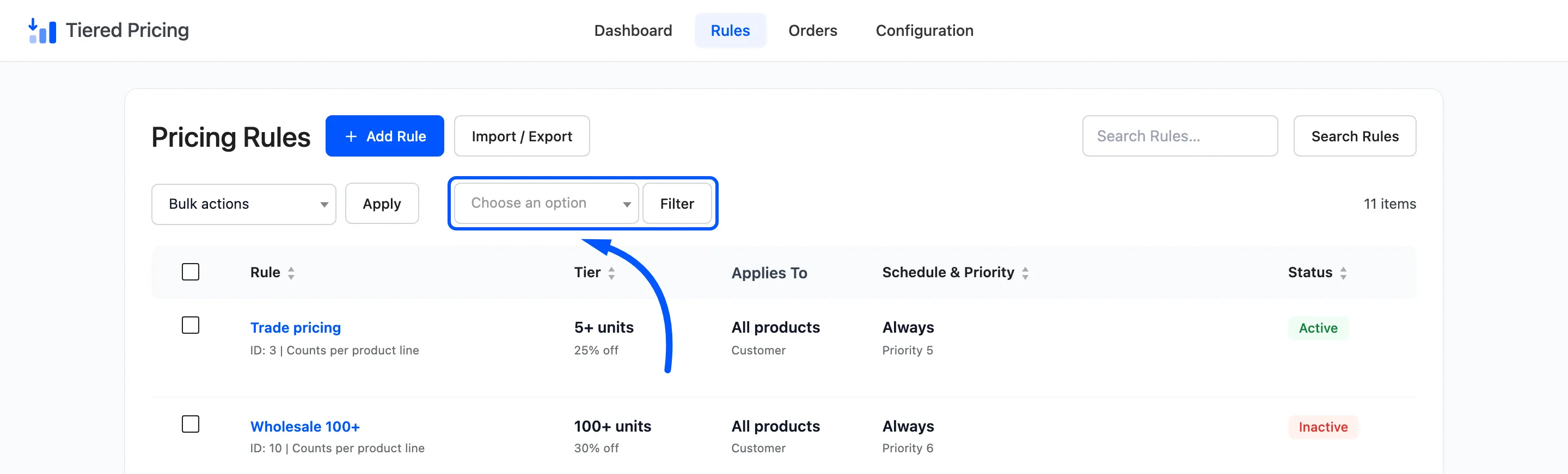 The status filter boxed above the list
