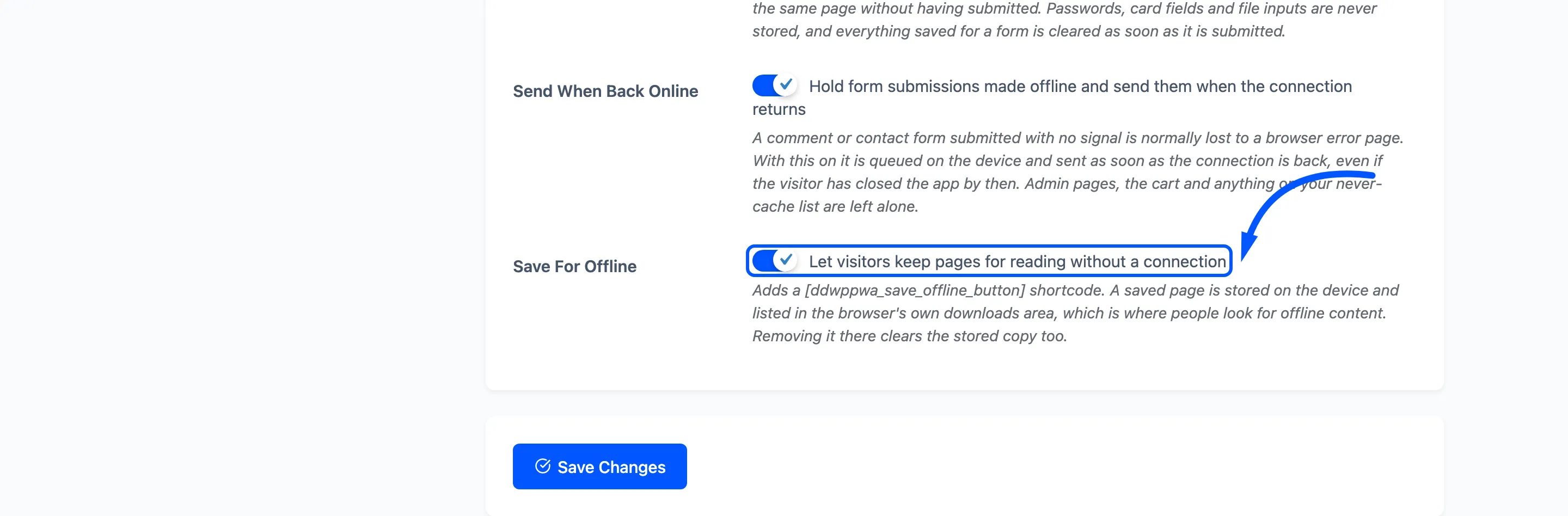 The Save For Offline switch
