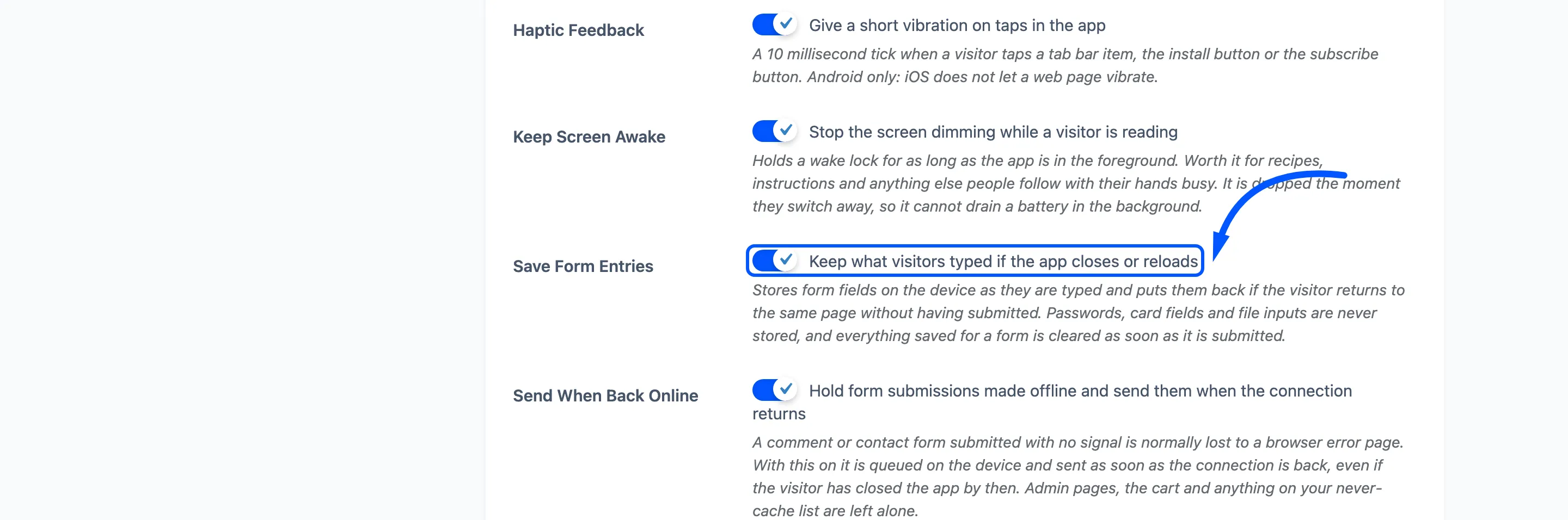 The Save Form Entries switch