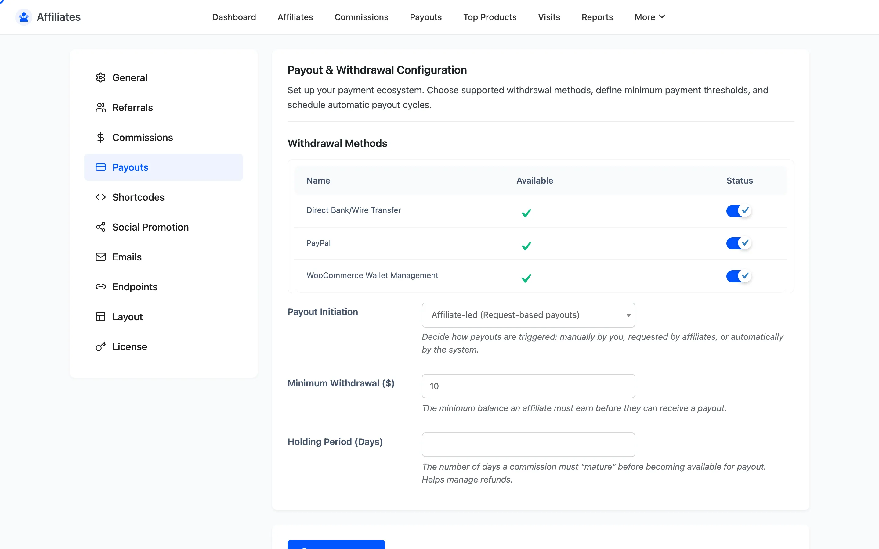 The Scheduled Payout Day field on the Payouts settings tab