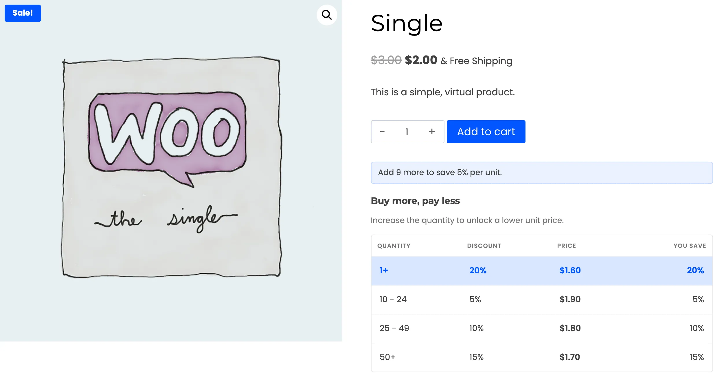 The Single’s pricing table with a 1+ tier at 20 percent off during the sale