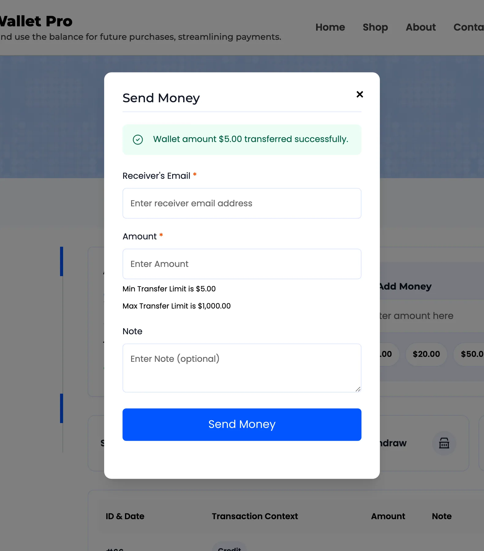 The Send Money popup confirming the transfer