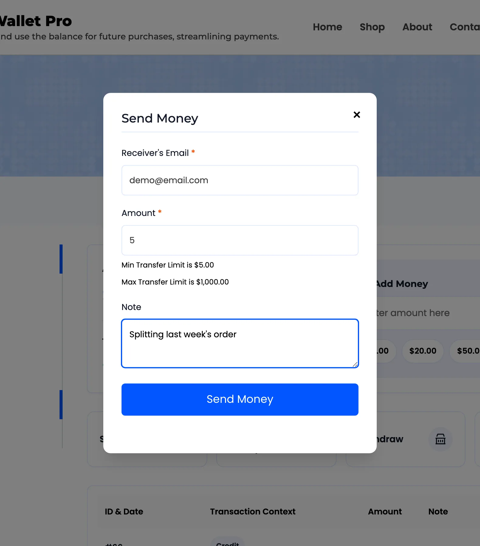 The Send Money popup filled in with an email, an amount and a note