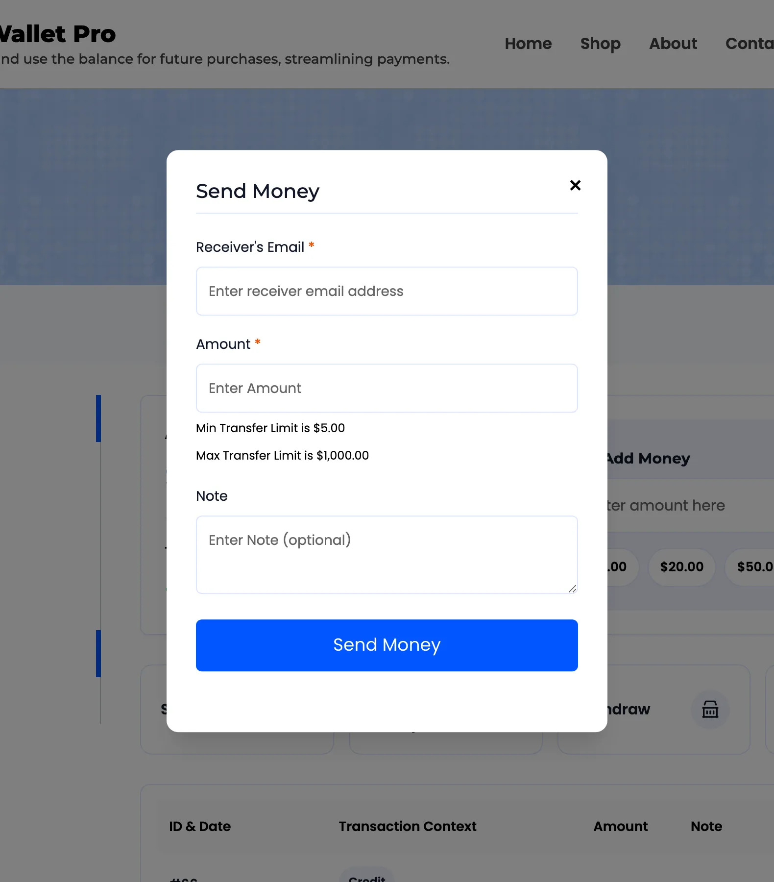 The Send Money popup