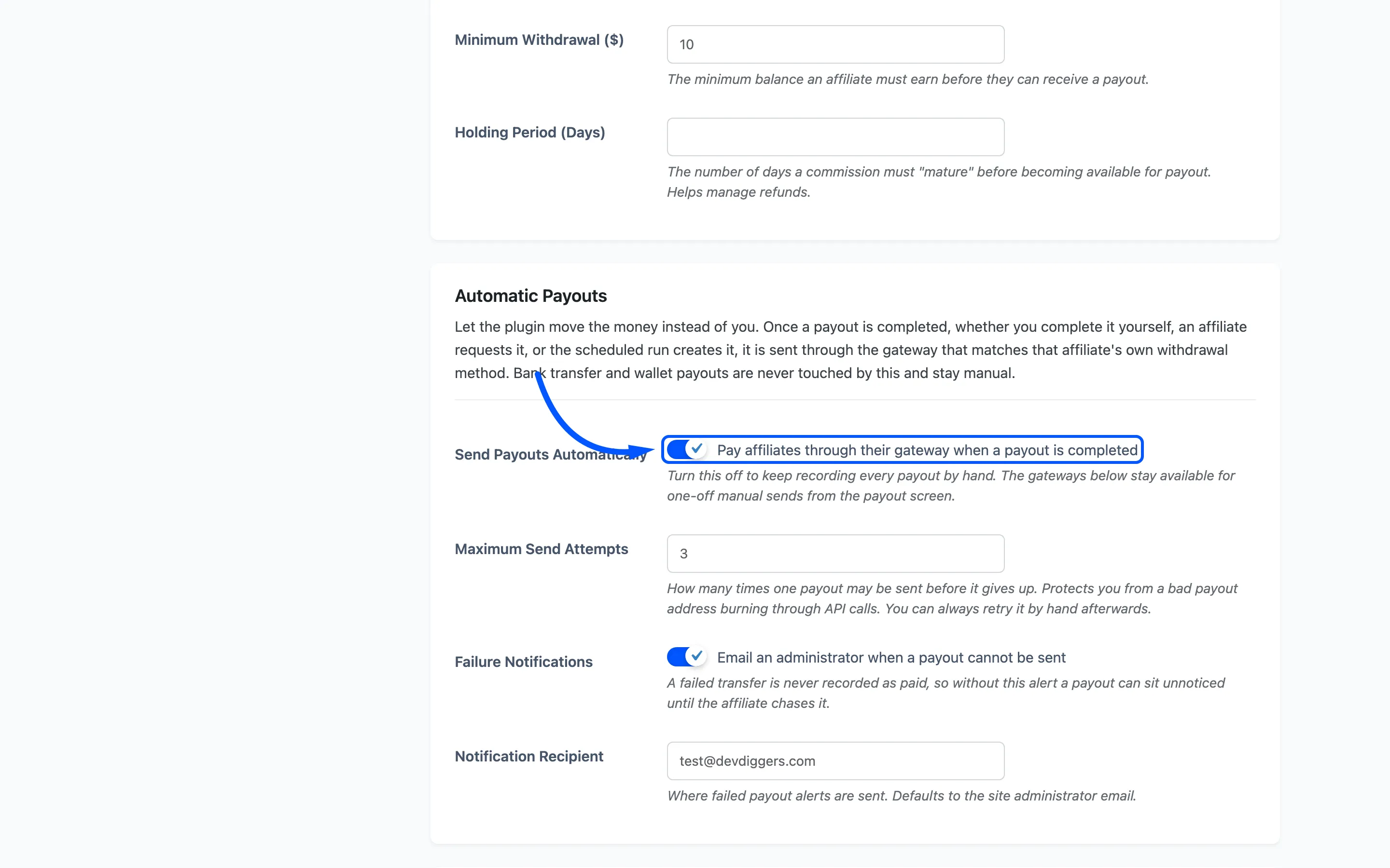 The Send Payouts Automatically checkbox highlighted