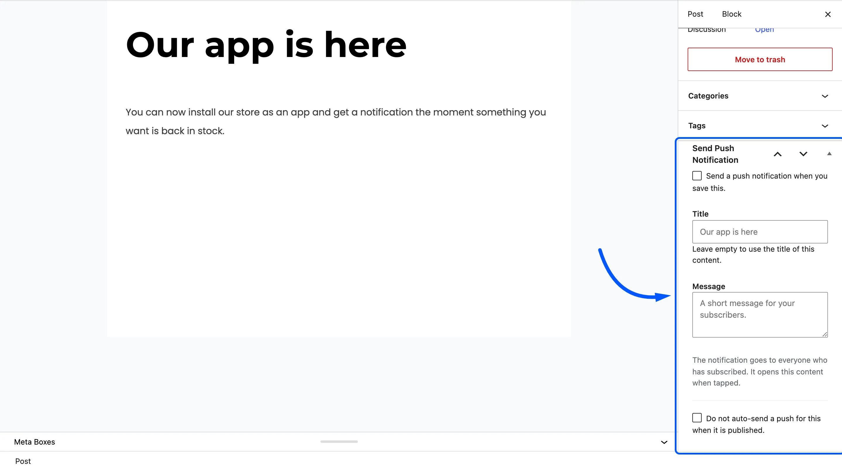The Send Push Notification box in the post editor