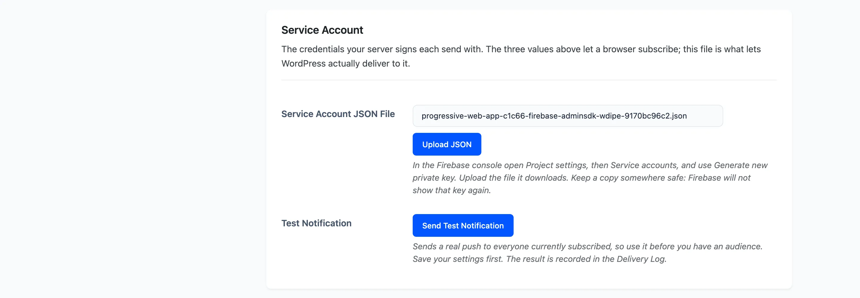 The Service Account section