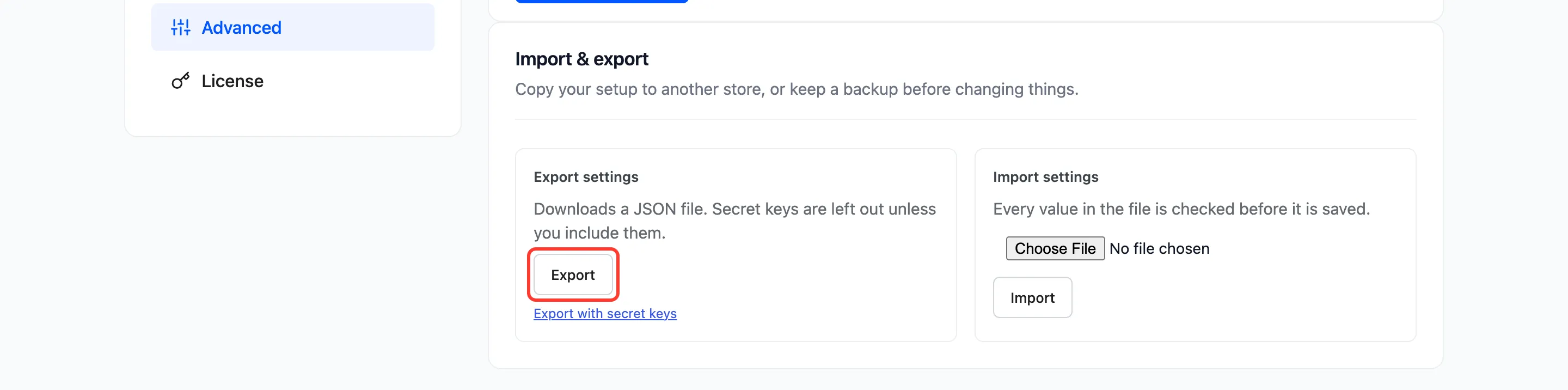 The Import & export section with Export highlighted