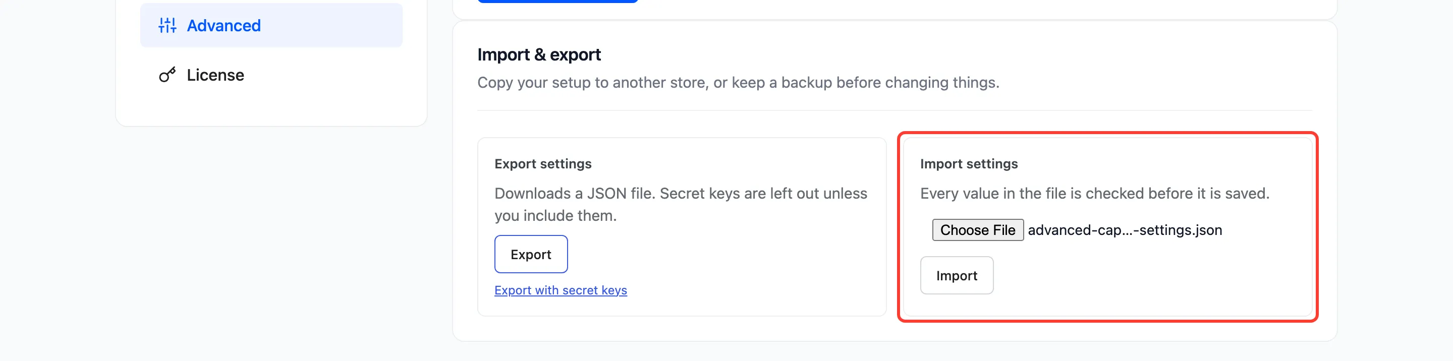 The Import settings card with a file chosen