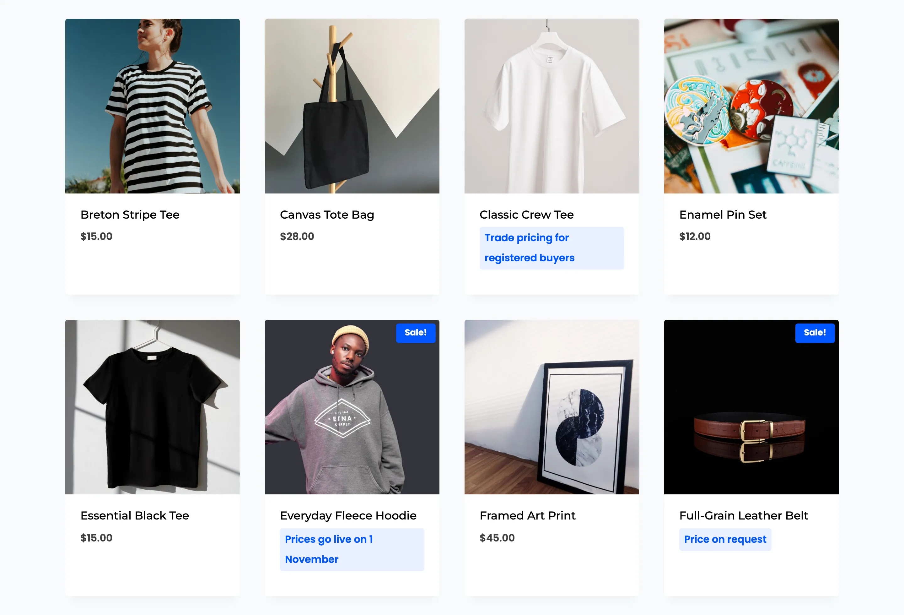 The shop as a guest sees it: some prices replaced by a message and a login button, cheaper items still priced