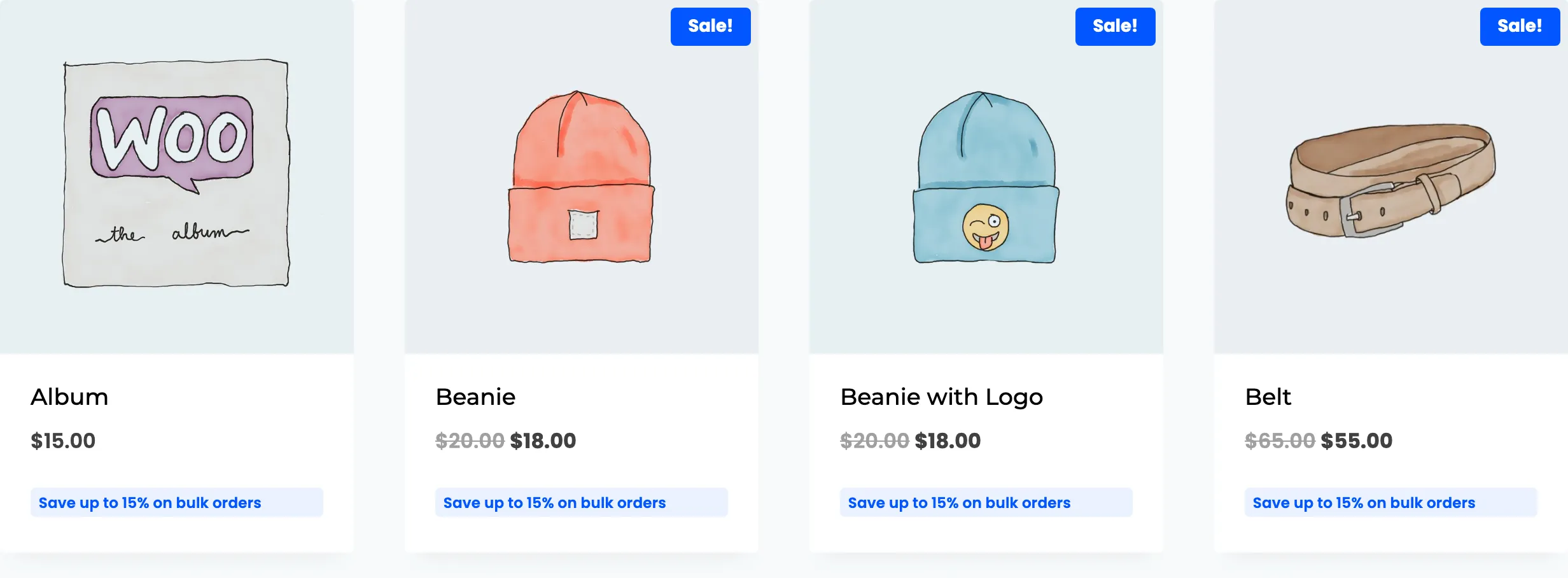 A shop page where each product card carries a bulk pricing badge