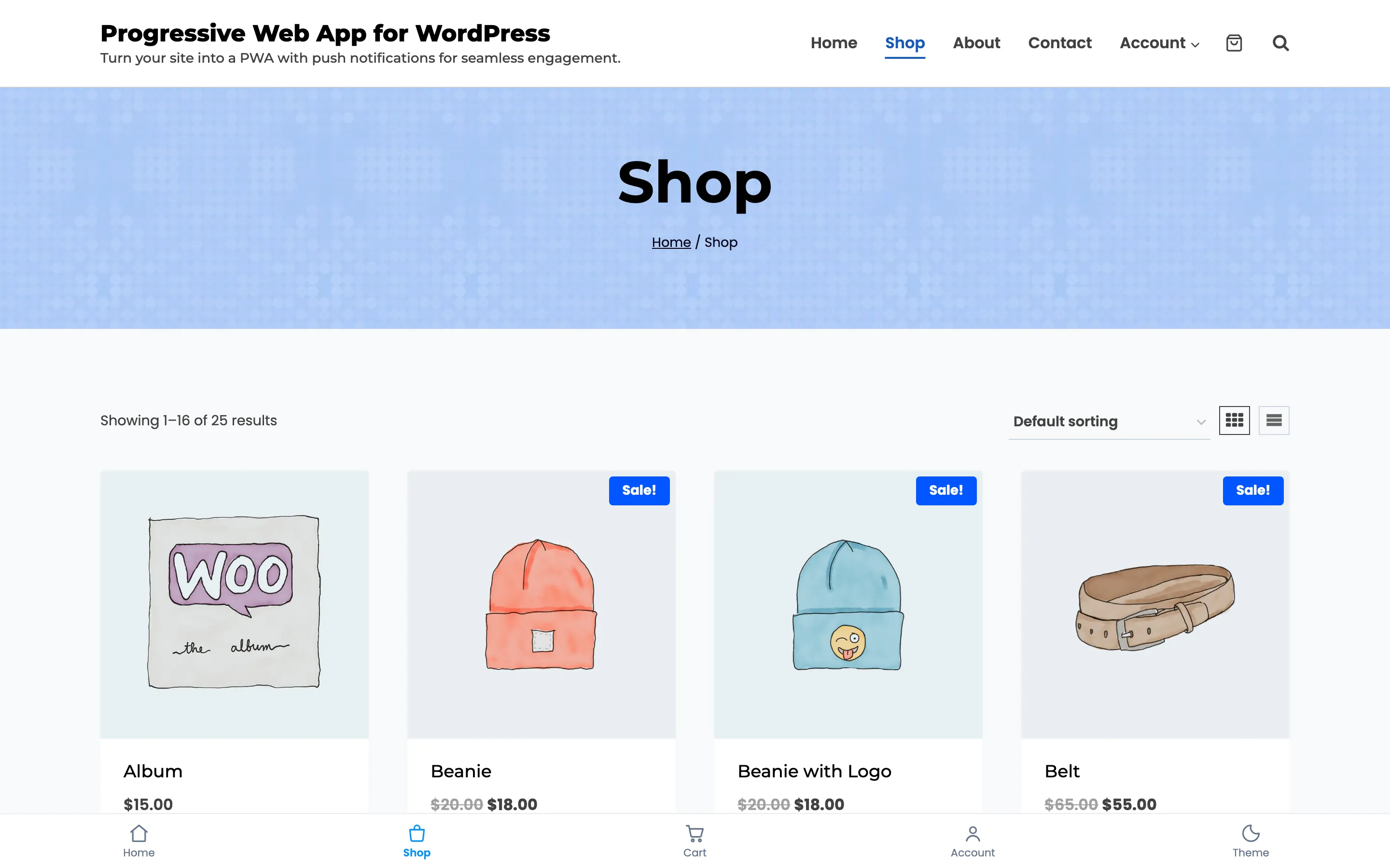 The shop page as it looks launched from the home screen, with the app tab bar along the bottom