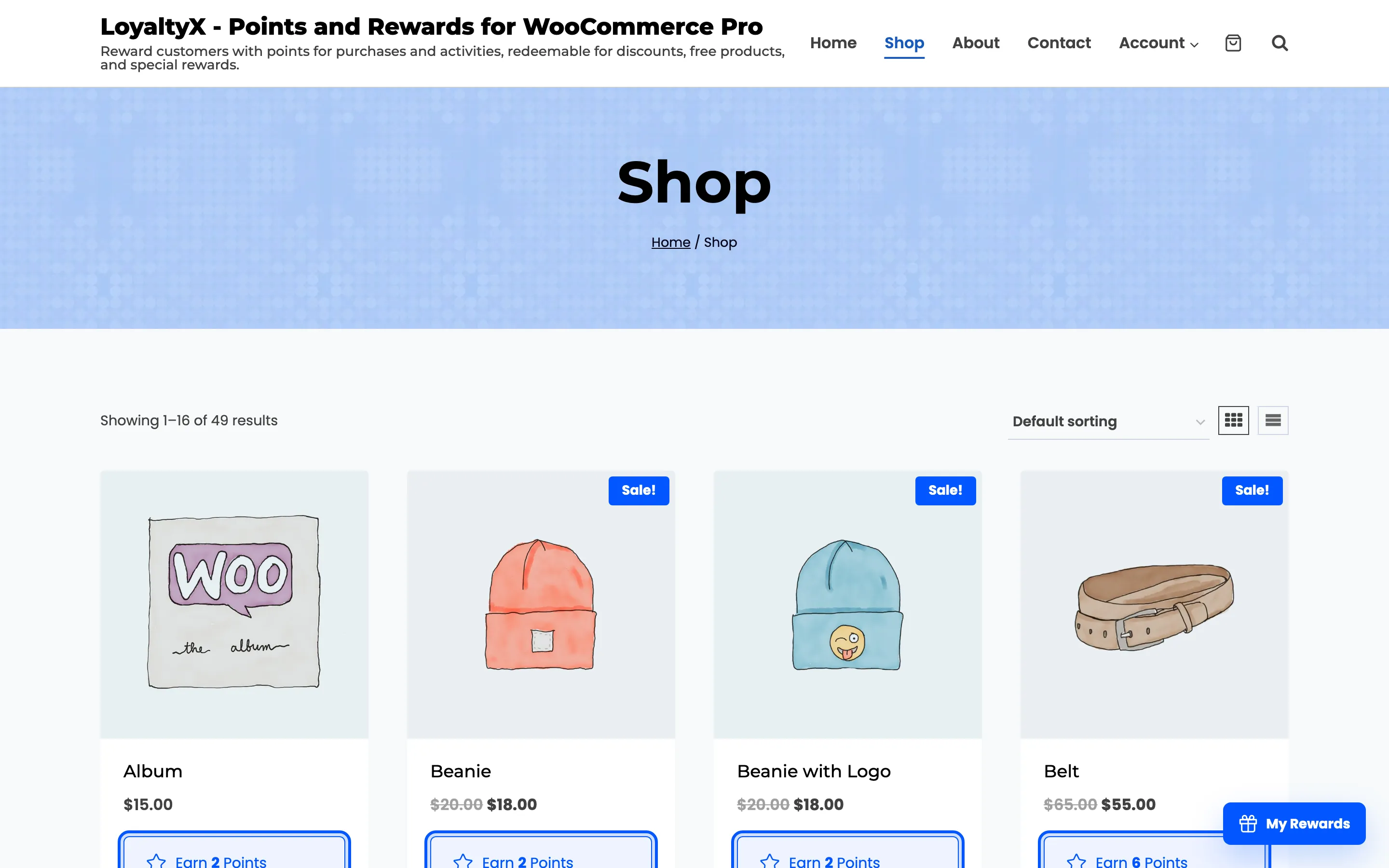 The LoyaltyX shop page with an Earn points message highlighted on each product card