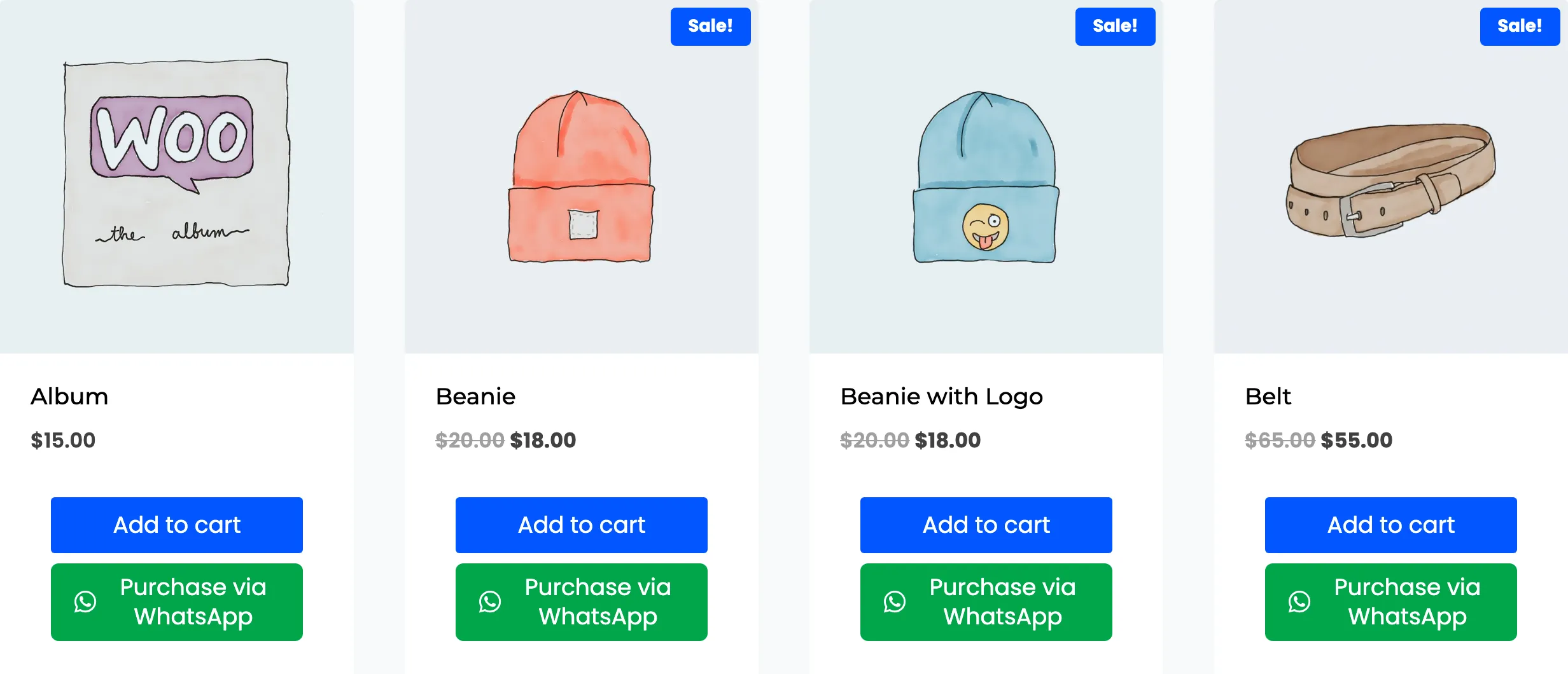 Shop page cards with Add to cart and Purchase via WhatsApp buttons